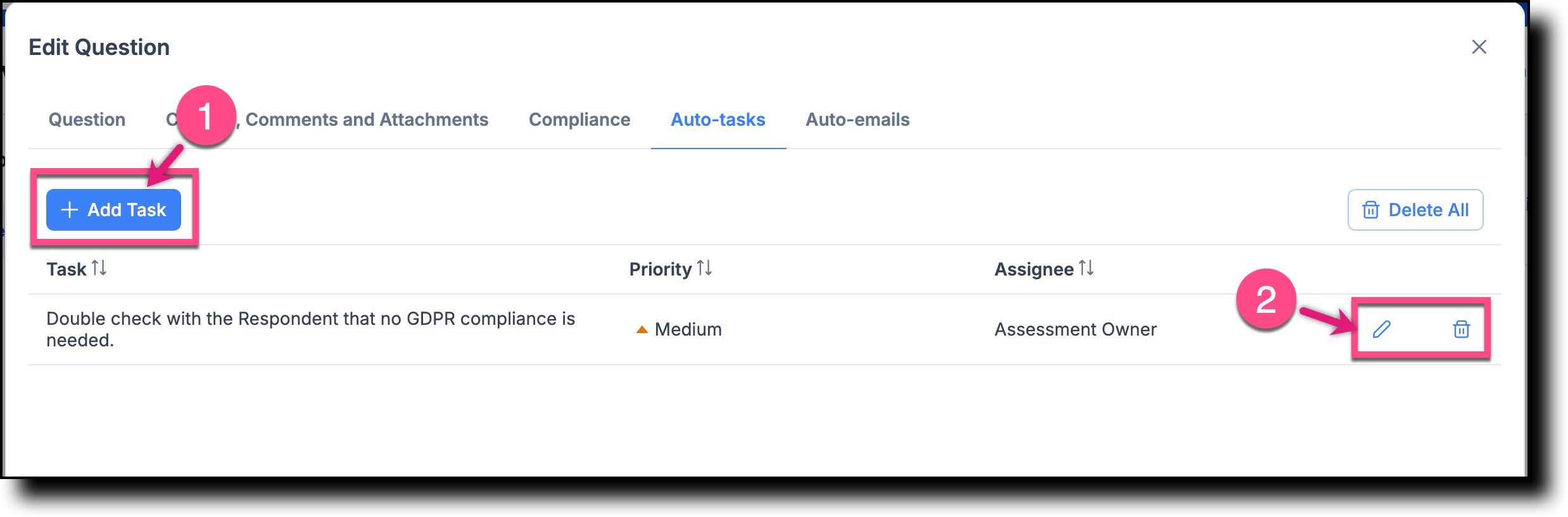 Auto-tasks tab showing an existing auto task with Add Task, Edit, and Delete controls