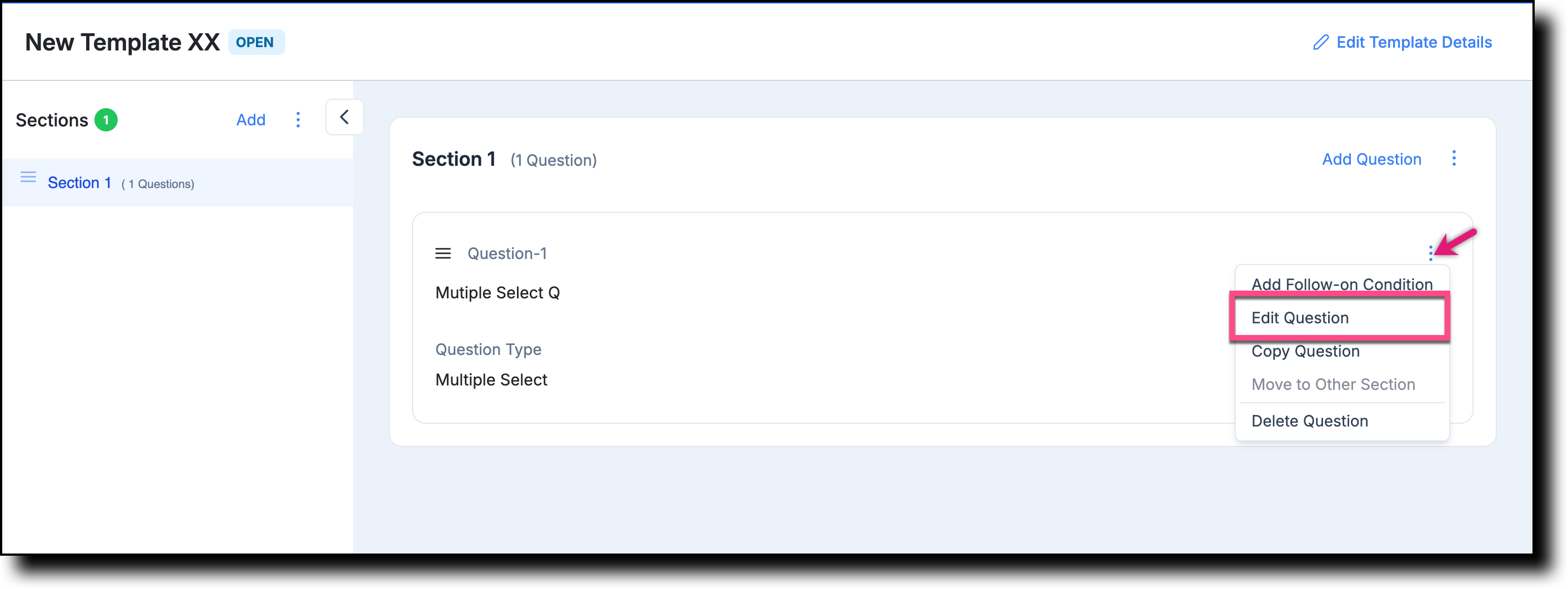 Question context menu showing the Edit Question option