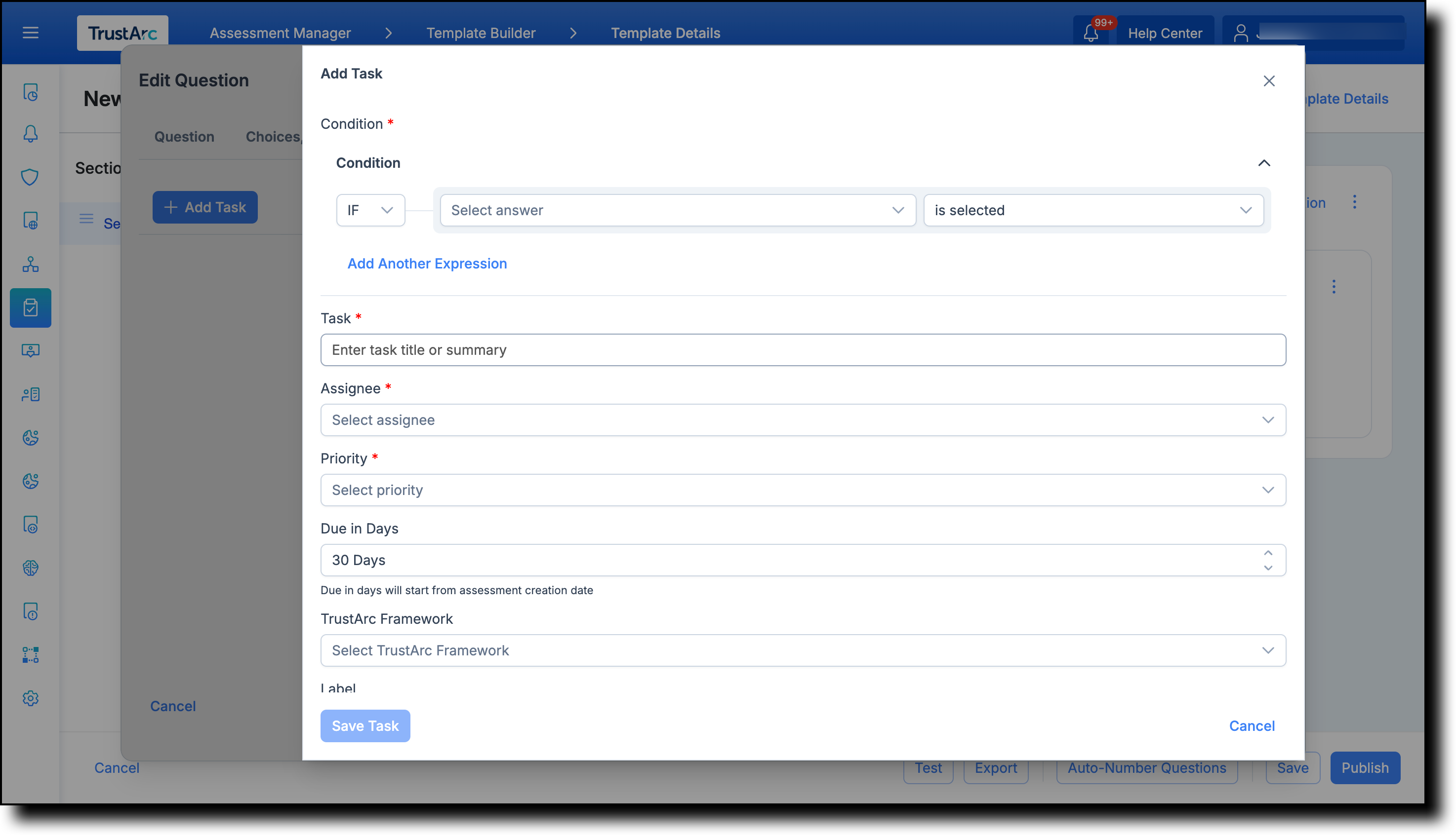 Add Task screen showing all Auto Task fields including condition, summary, assignee, priority, effort, risk, framework, labels, due date, and description