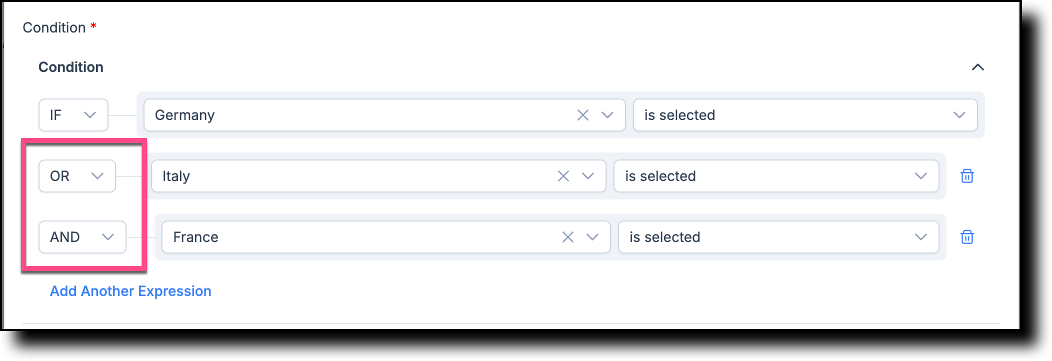 Task Expression with multiple conditions combined using AND and OR operators