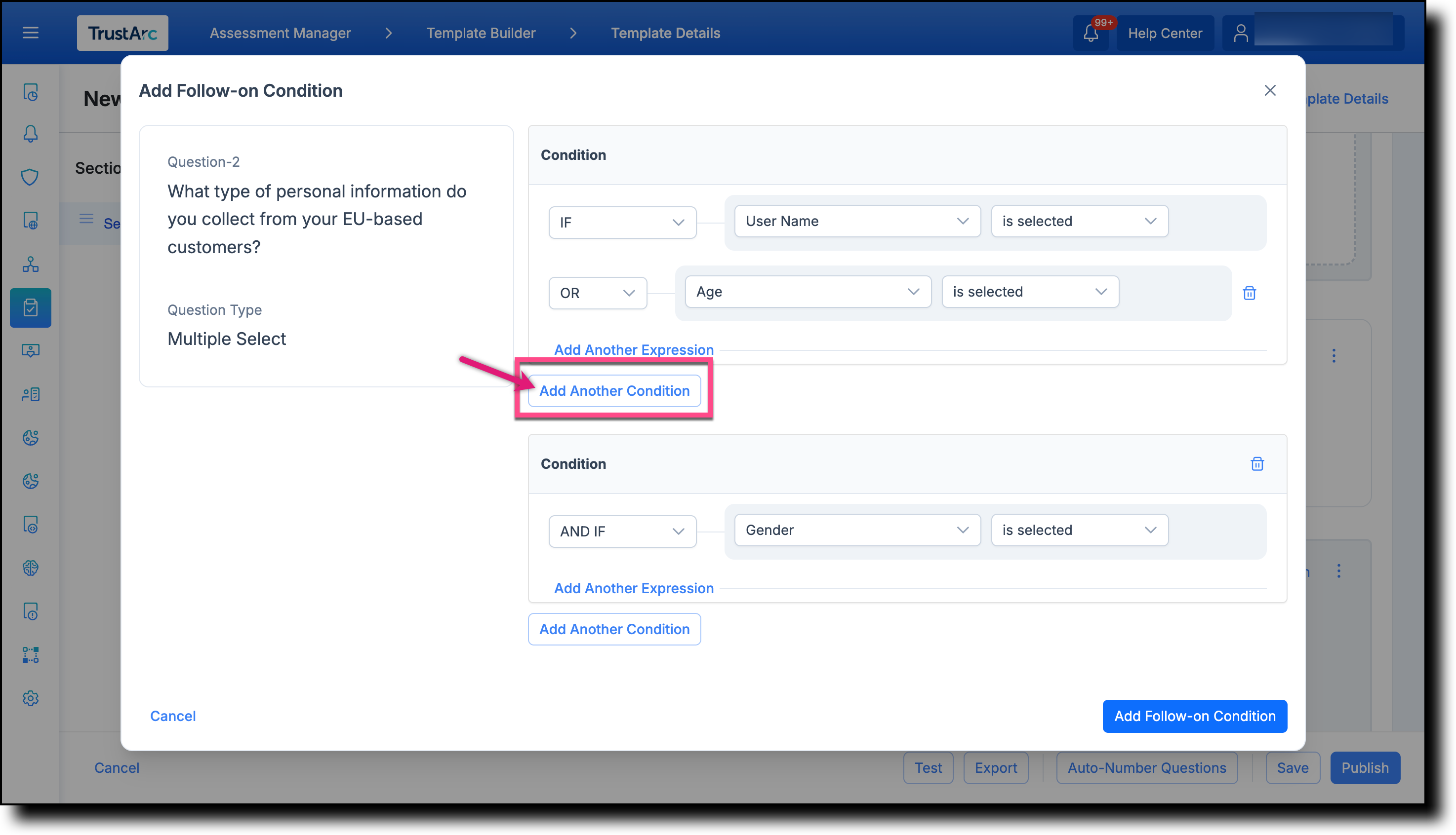 Follow-on Condition screen showing two condition blocks combined using AND