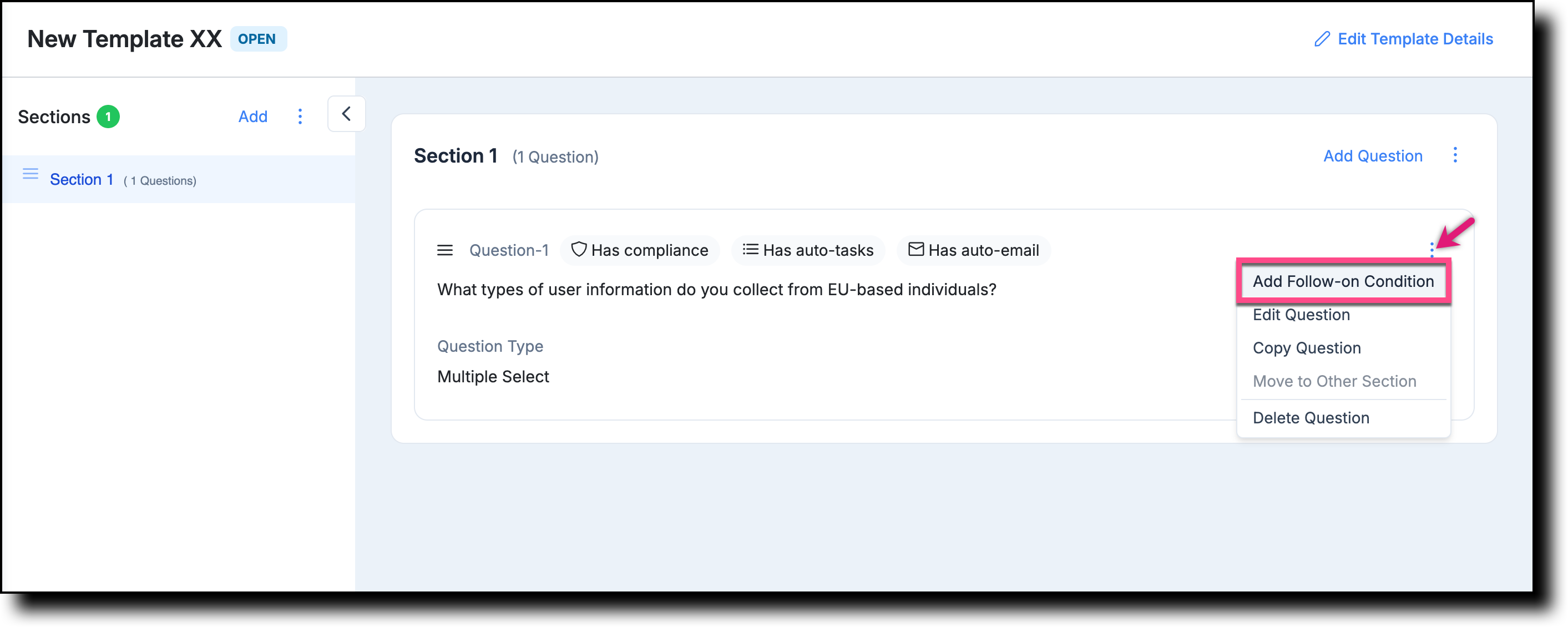 Question context menu showing the Add Follow-on Condition option