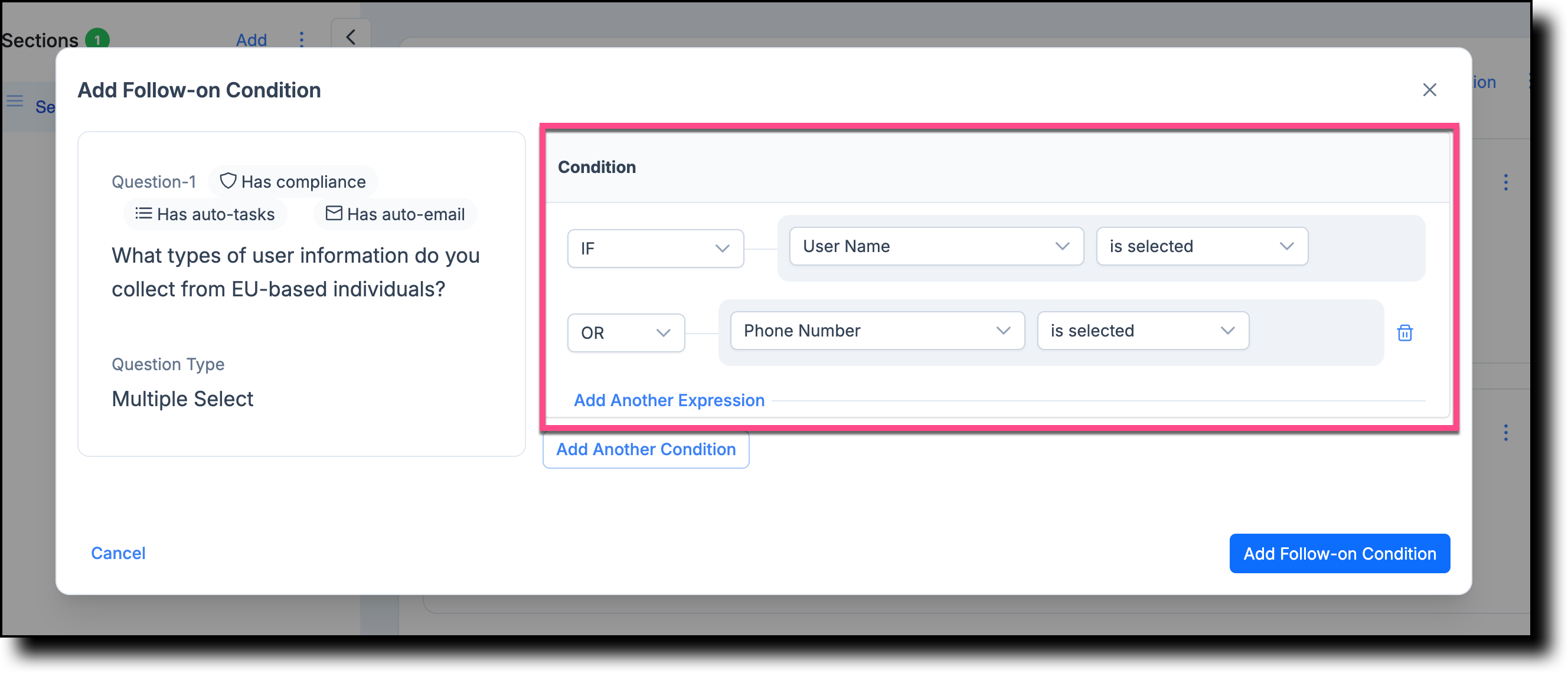 Follow-on Condition screen showing answer choices connected by AND/OR with Add Another Expression and Delete controls