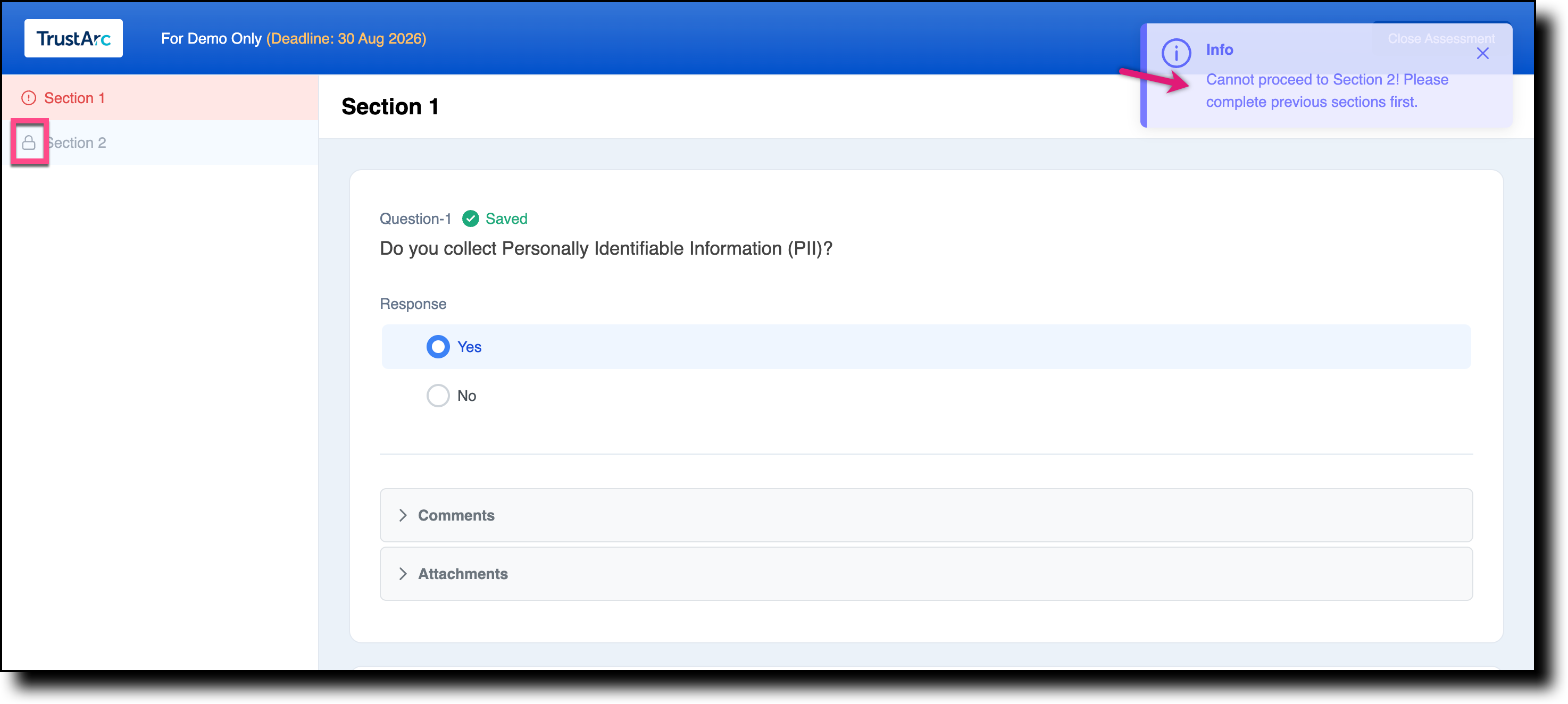 Survey page showing lock icons on subsequent sections until the current section is completed