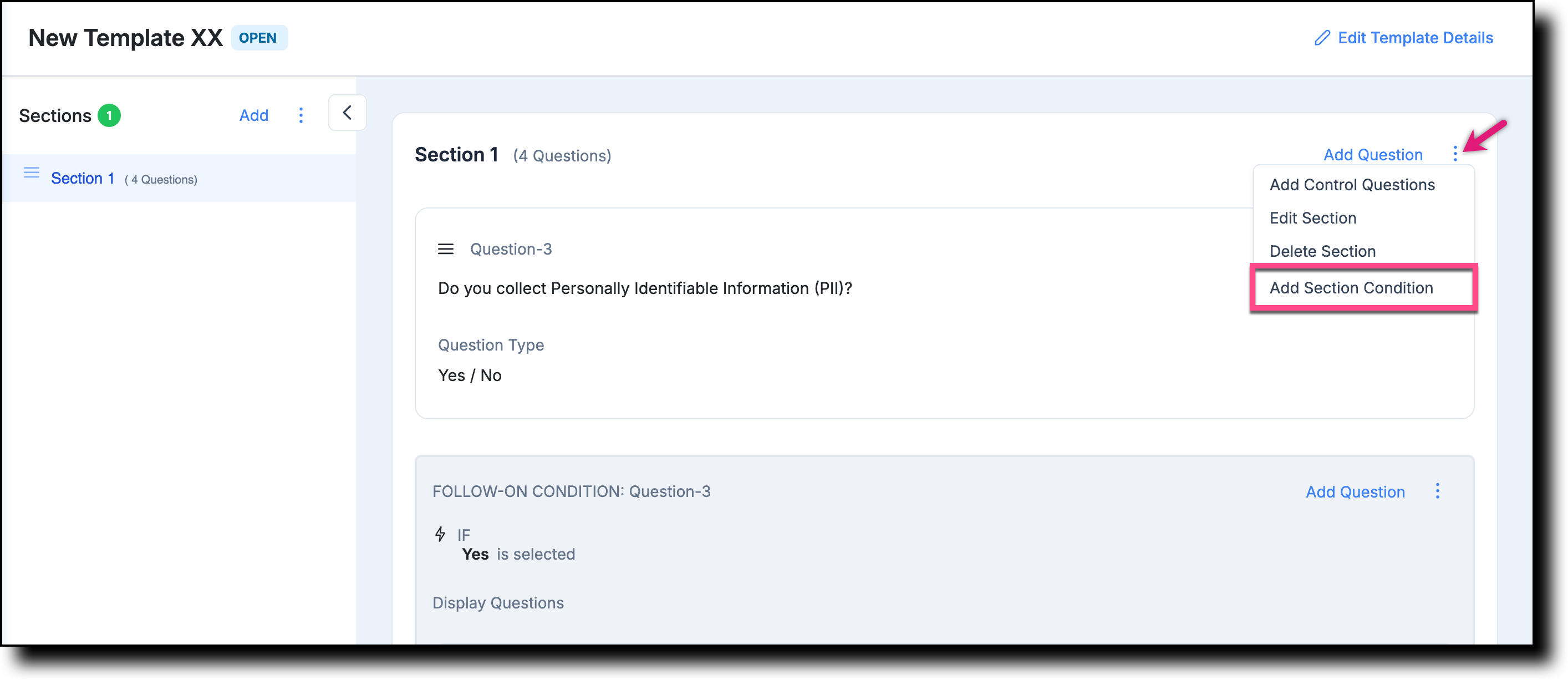 Section context menu showing the Add Section Condition option