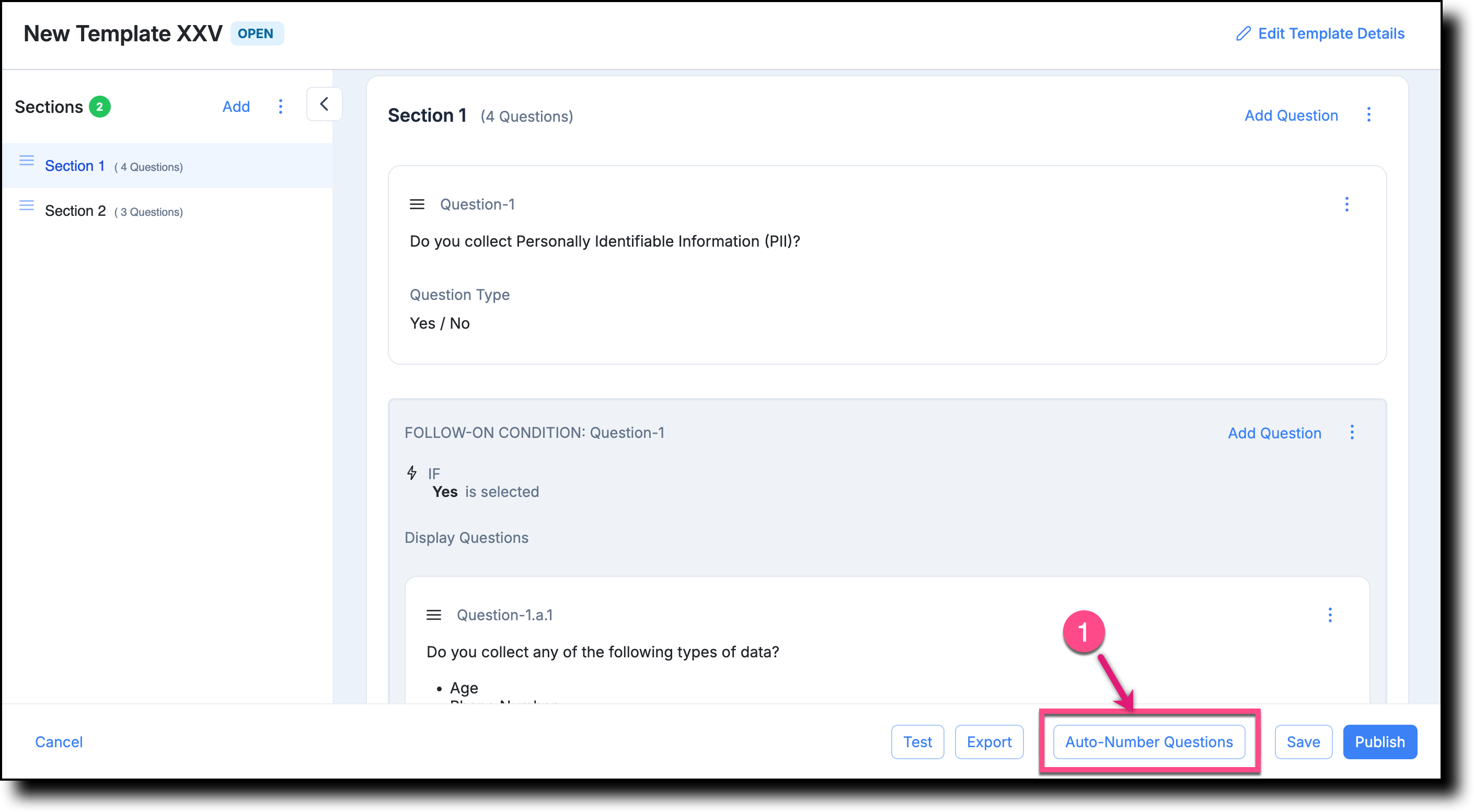 Template Details page showing the Auto-Number Questions button at the bottom