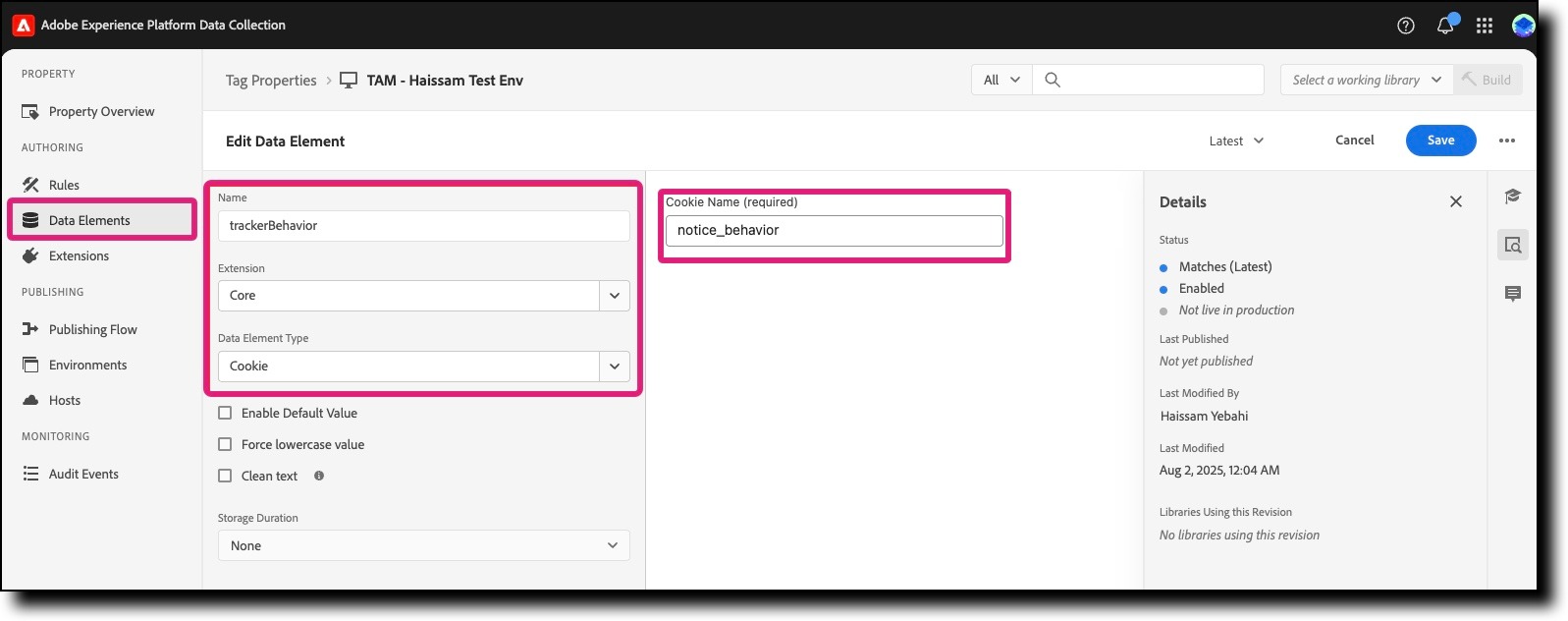 trackerBehavior data element fields