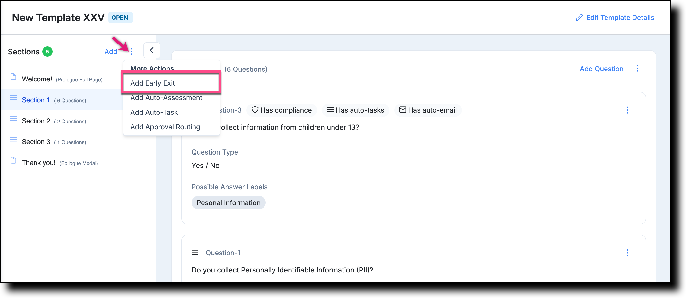 Template context menu showing the Add Early Exit option