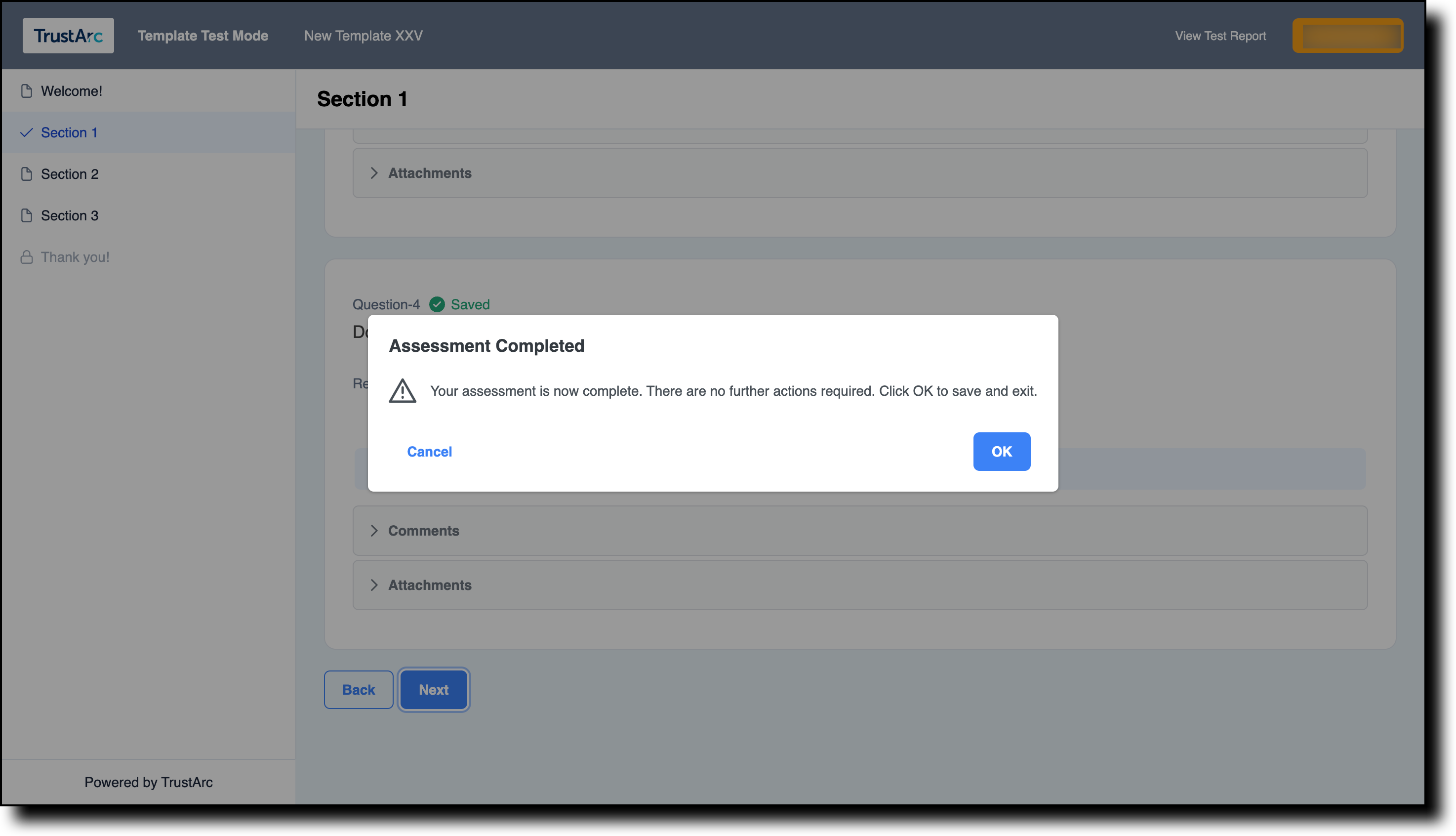 Assessment completed dialog prompting the respondent to exit the survey early