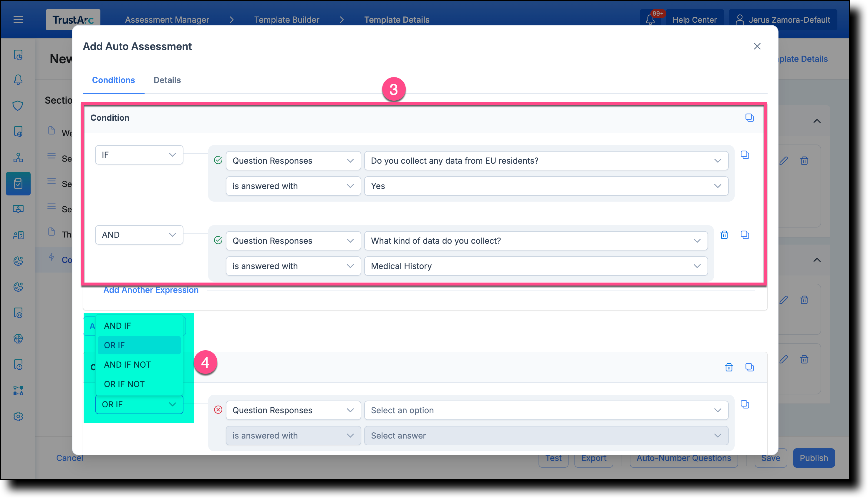 Add Auto Assessment screen showing condition blocks with AND/OR operators and group operator buttons