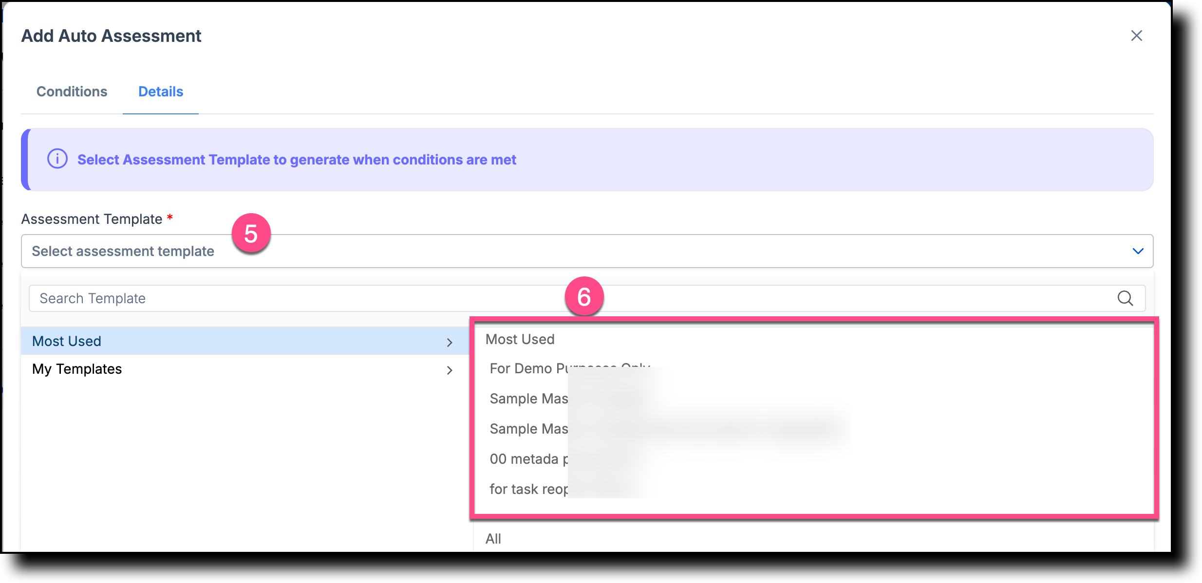 Template selection screen showing the list of published assessment templates for the Auto-Assessment