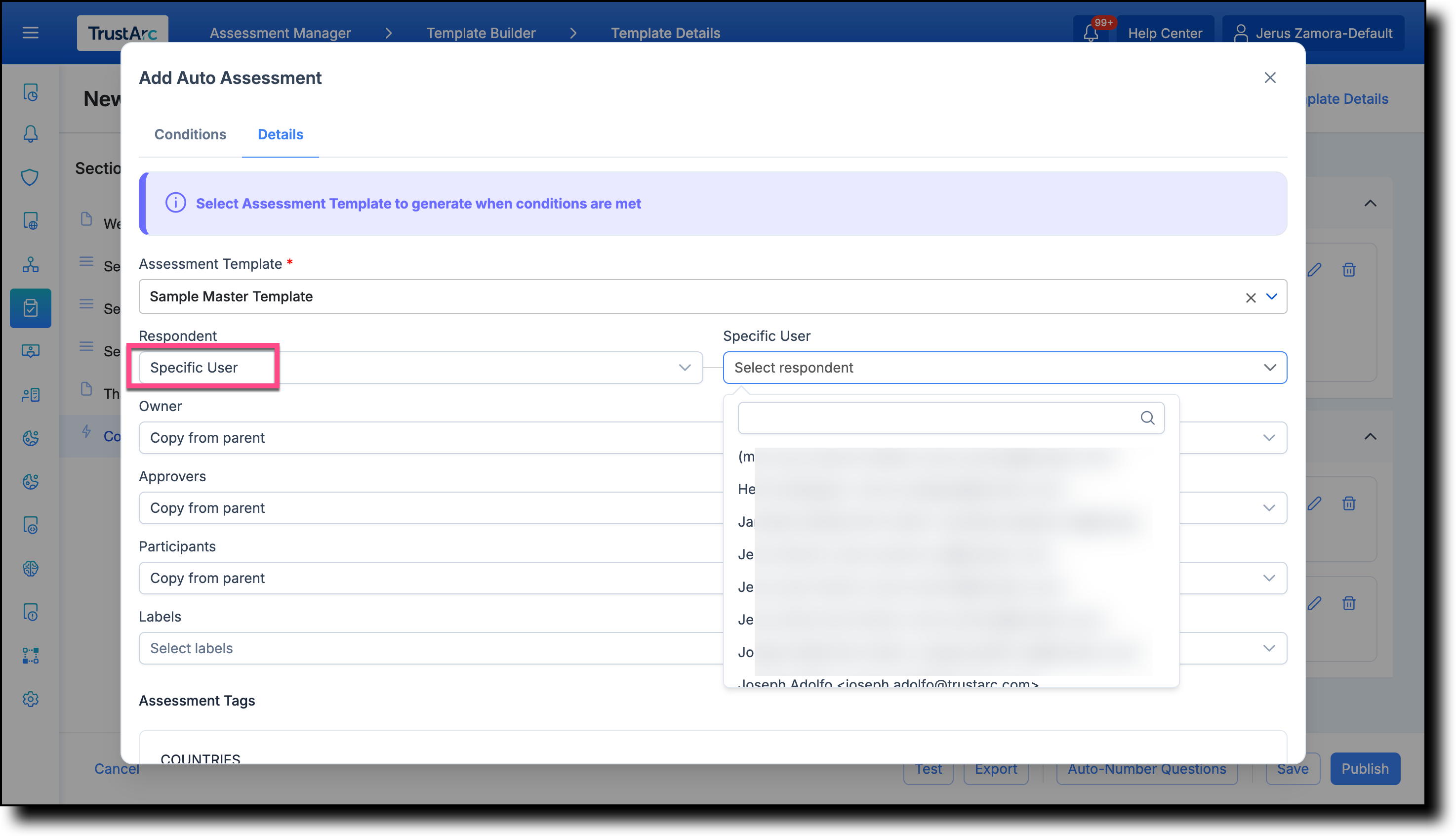 Specific User option selected with user search dropdown open