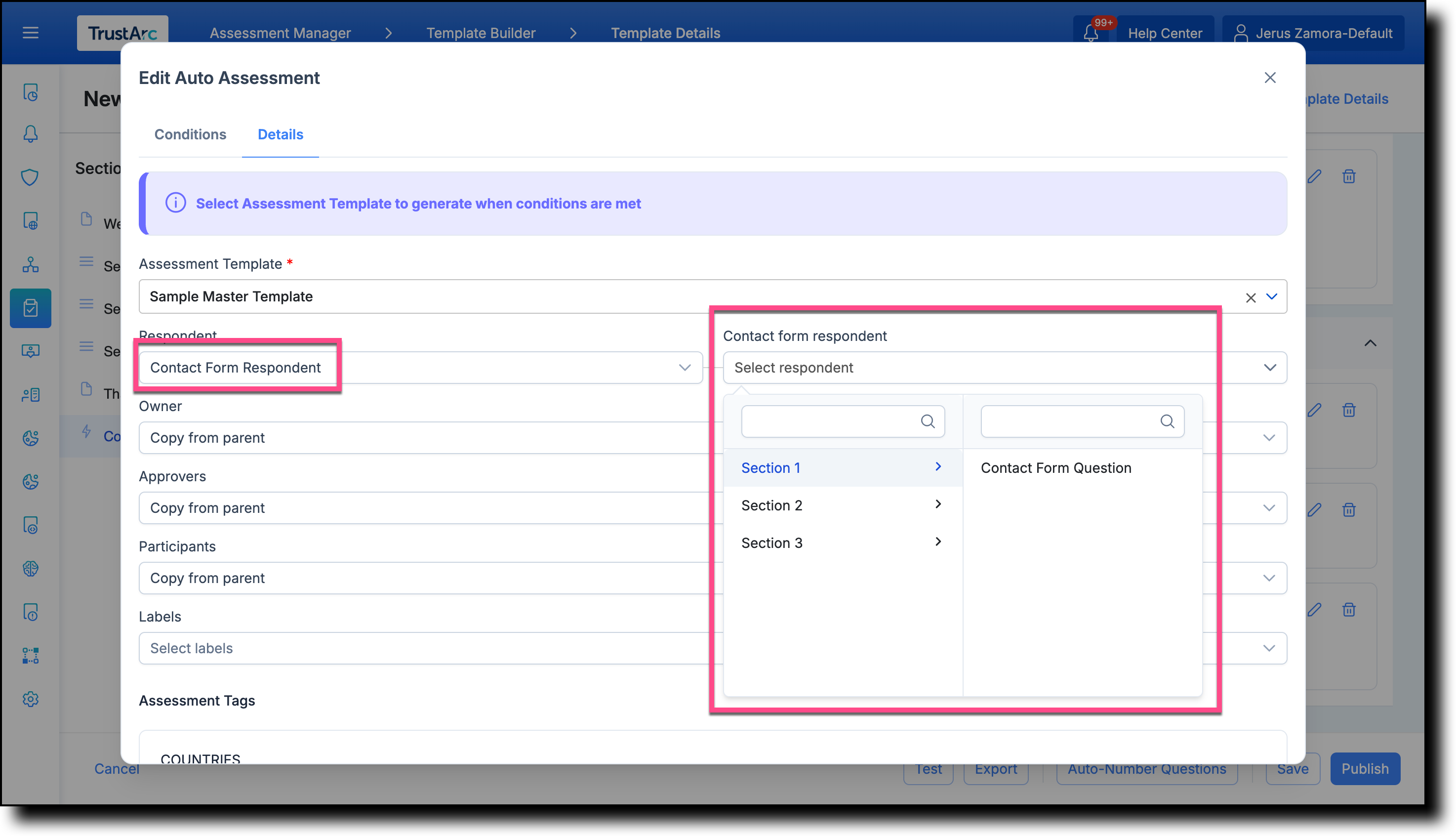 Contact From Respondent option with section and Contact Form question selectors