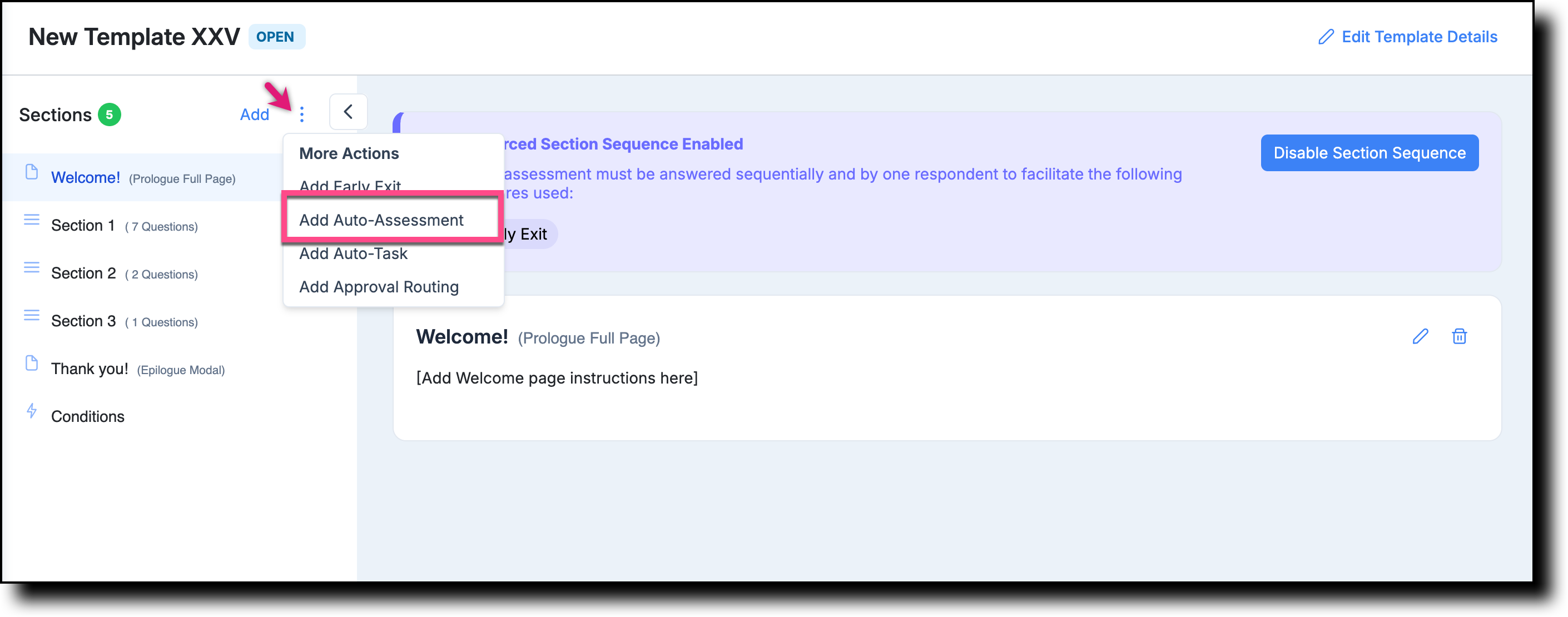 Template context menu showing the Add Auto-Assessment option