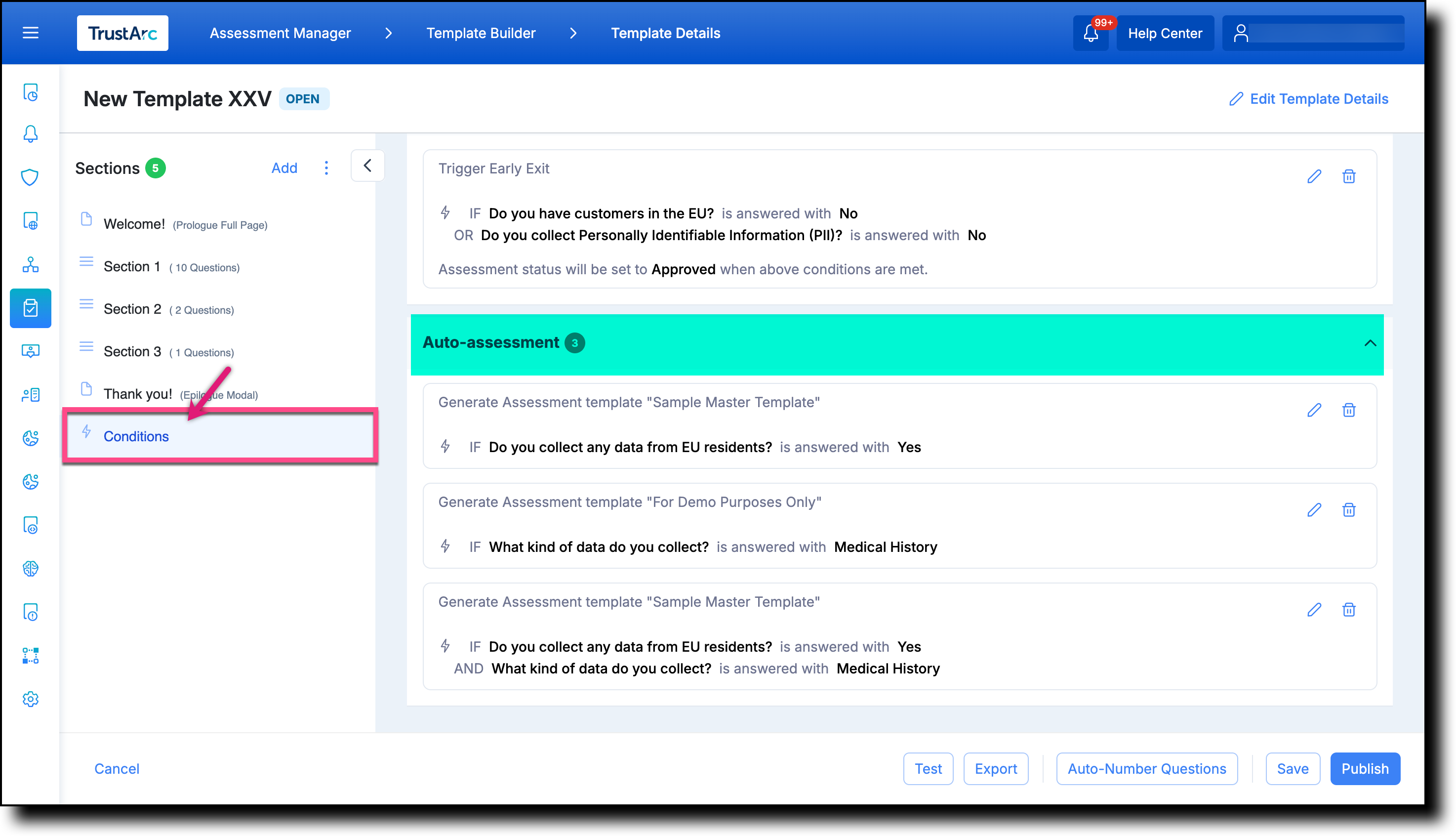Conditions panel showing the newly added Auto-Assessment condition in the list