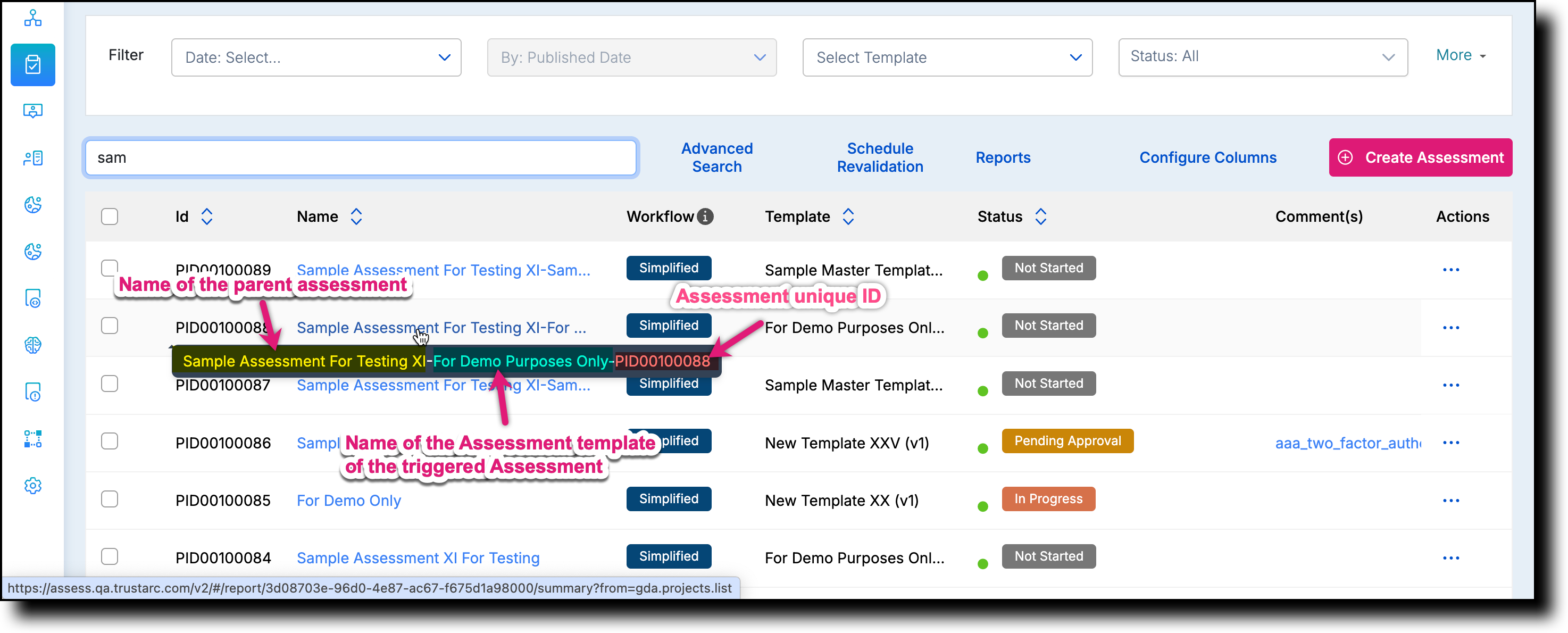 All Assessments page showing the auto-generated name of a triggered Auto-Assessment