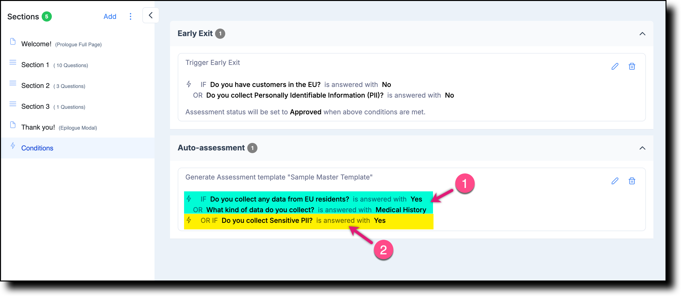 Auto-Assessment condition spanning two sections with OR IF operator connecting them