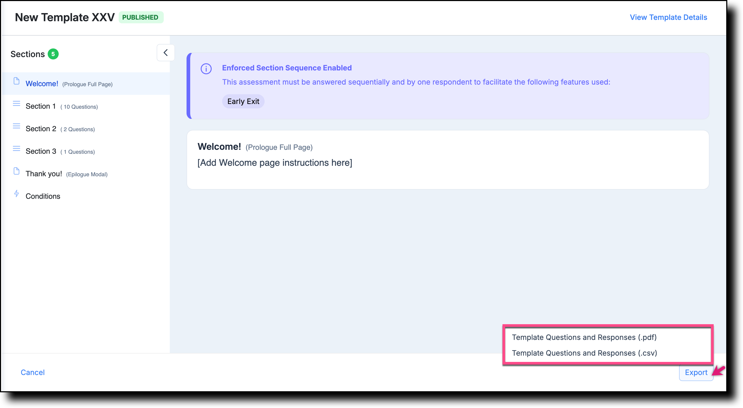 Template Details page showing the Export button and context menu with PDF and CSV options