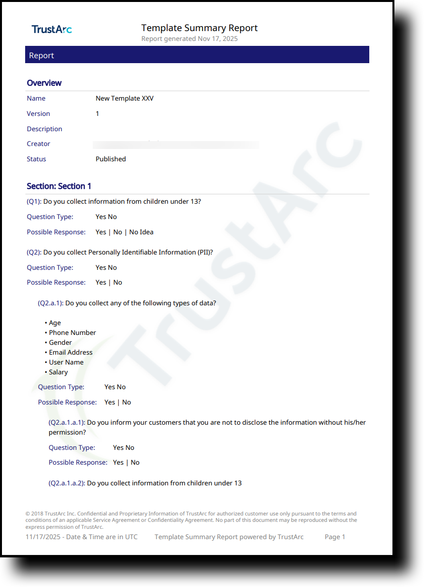 Sample Template Summary Report in PDF format showing question text, type, and response options