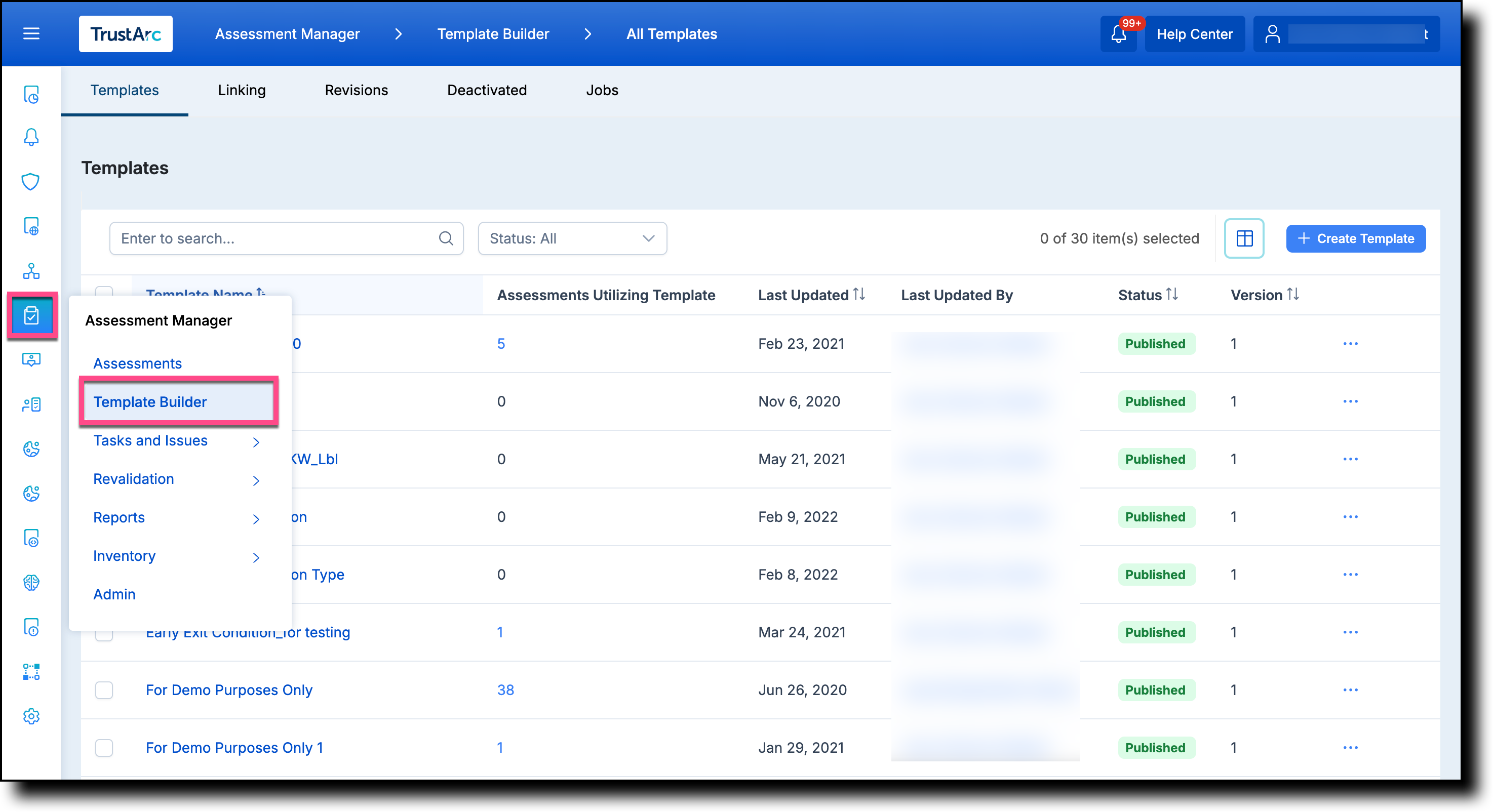 Left navigation showing the path to Template Builder