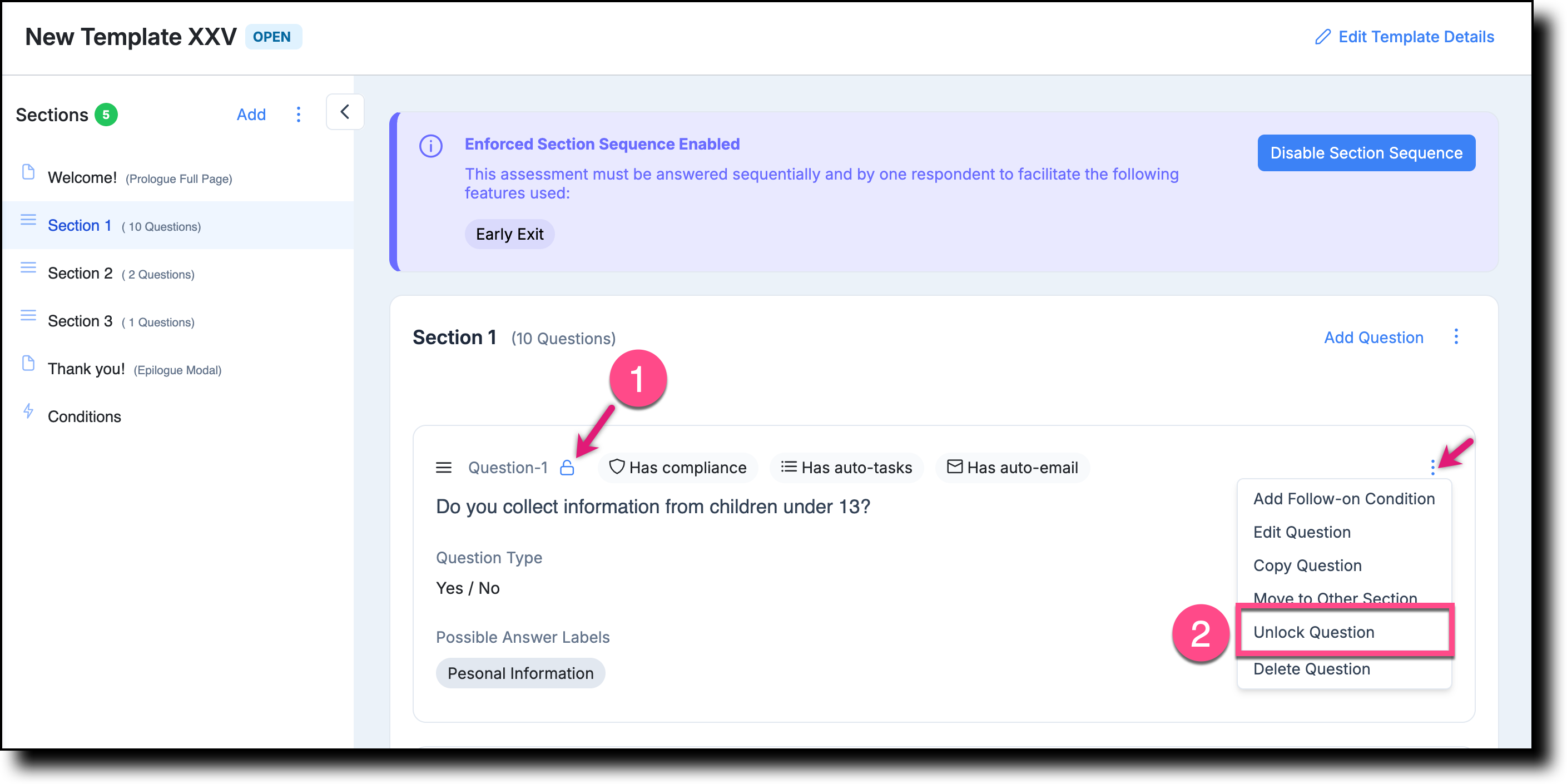 Template Details page showing locked questions with lock icons and the Unlock Question option in the context menu