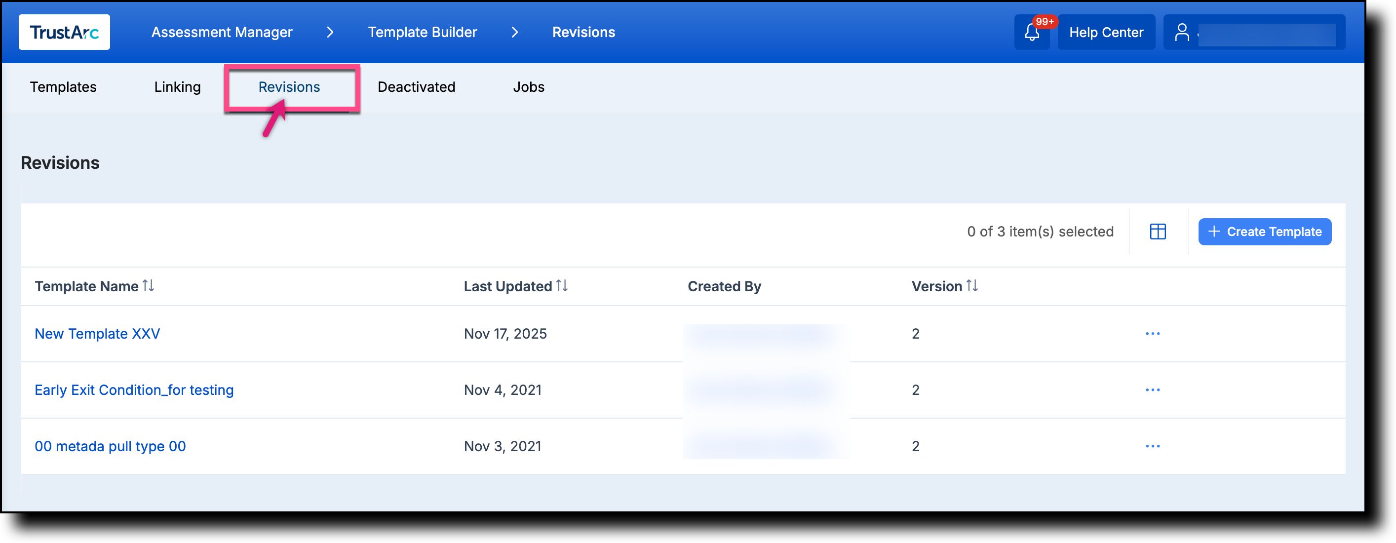 Assessment Templates page showing the Revisions tab with in-progress template revisions listed