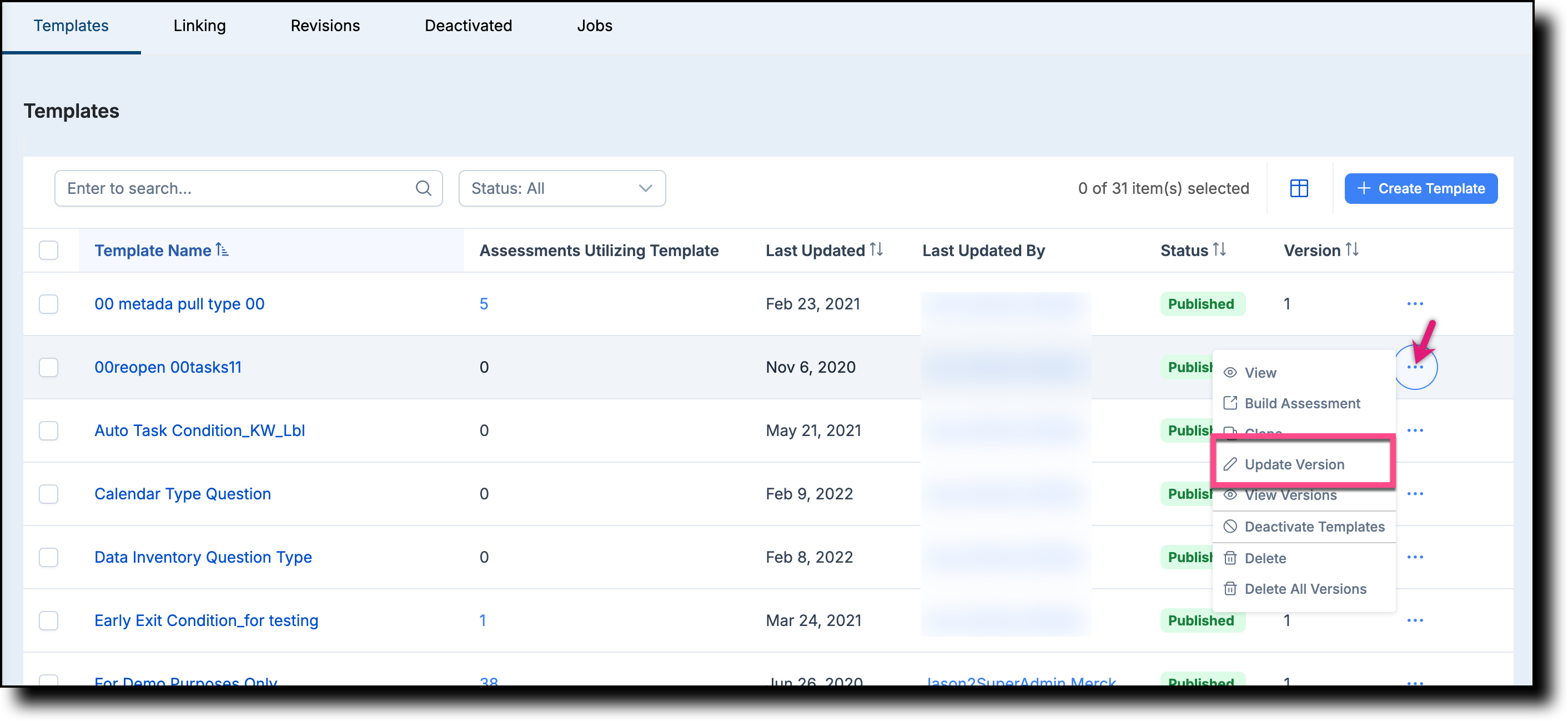 Assessment Templates page showing the ellipsis context menu with the Update Version option
