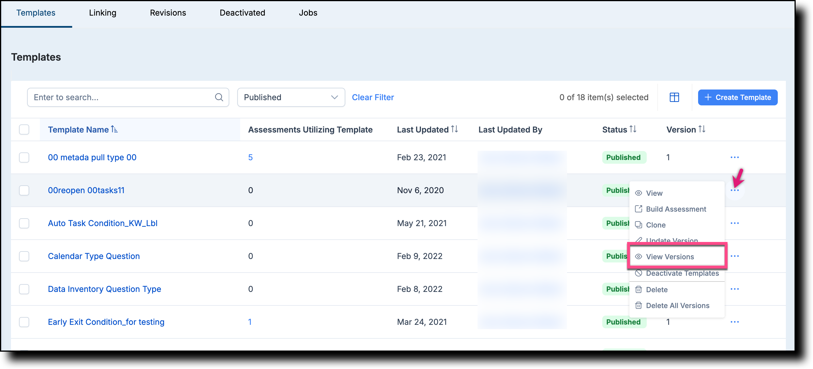 Assessment Templates page showing the ellipsis context menu with the View Versions option