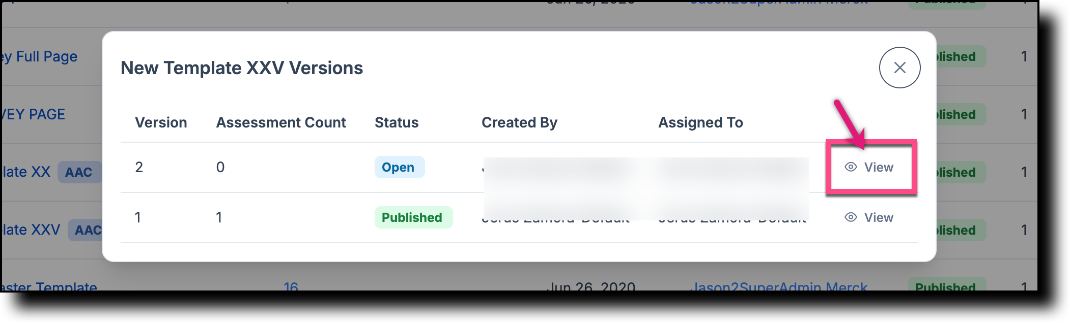 Template versions list showing the new version with the View button