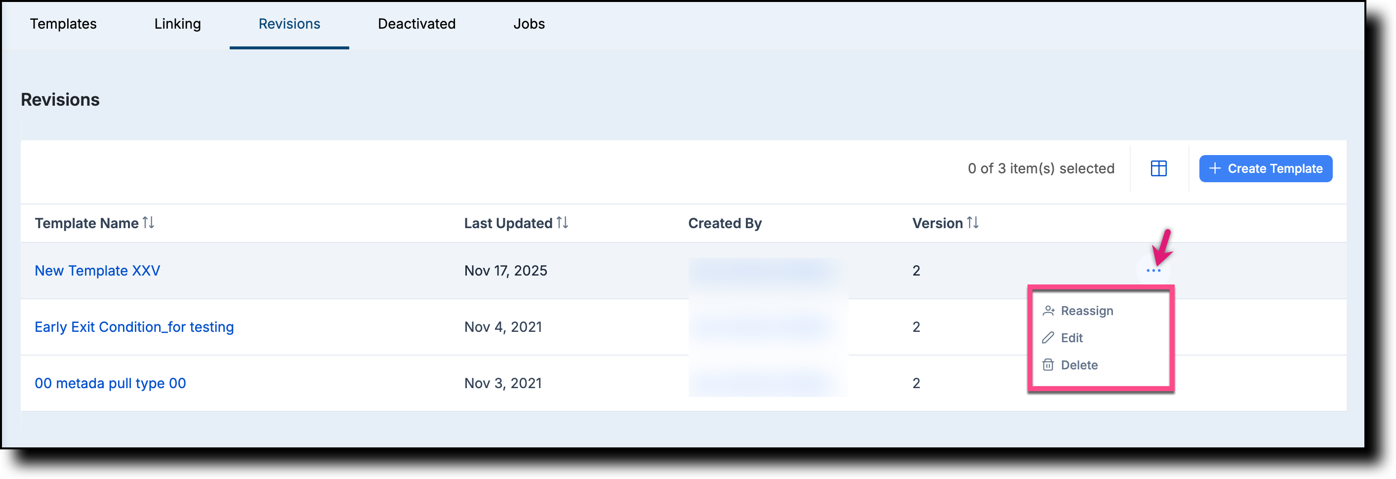 Revisions page showing the ellipsis context menu with Reassign, Edit, and Delete options
