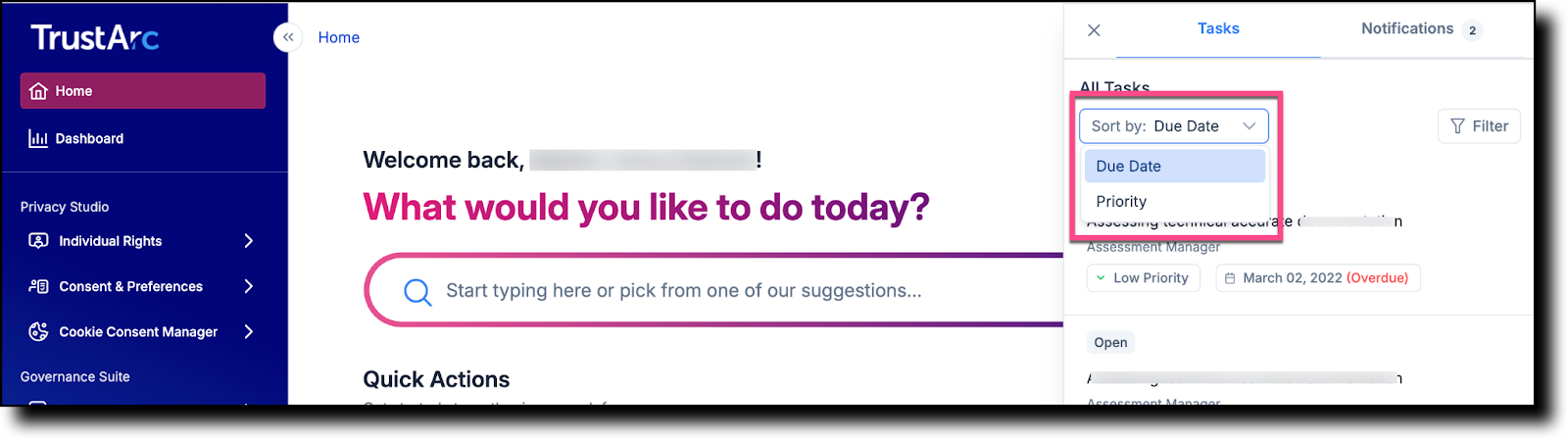 Tasks panel showing the sort options for due date and priority