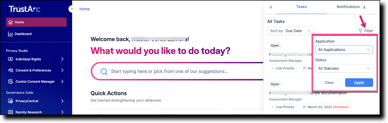 Tasks panel showing the Filter button and filter options for application and status