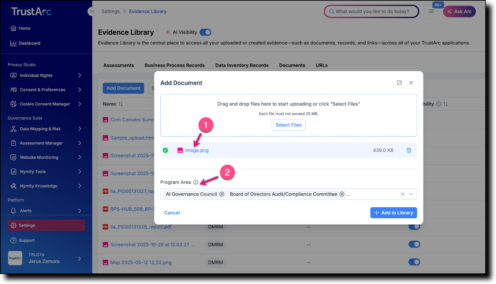 Adding a Document to the Evidence Library – TrustArc Help Center