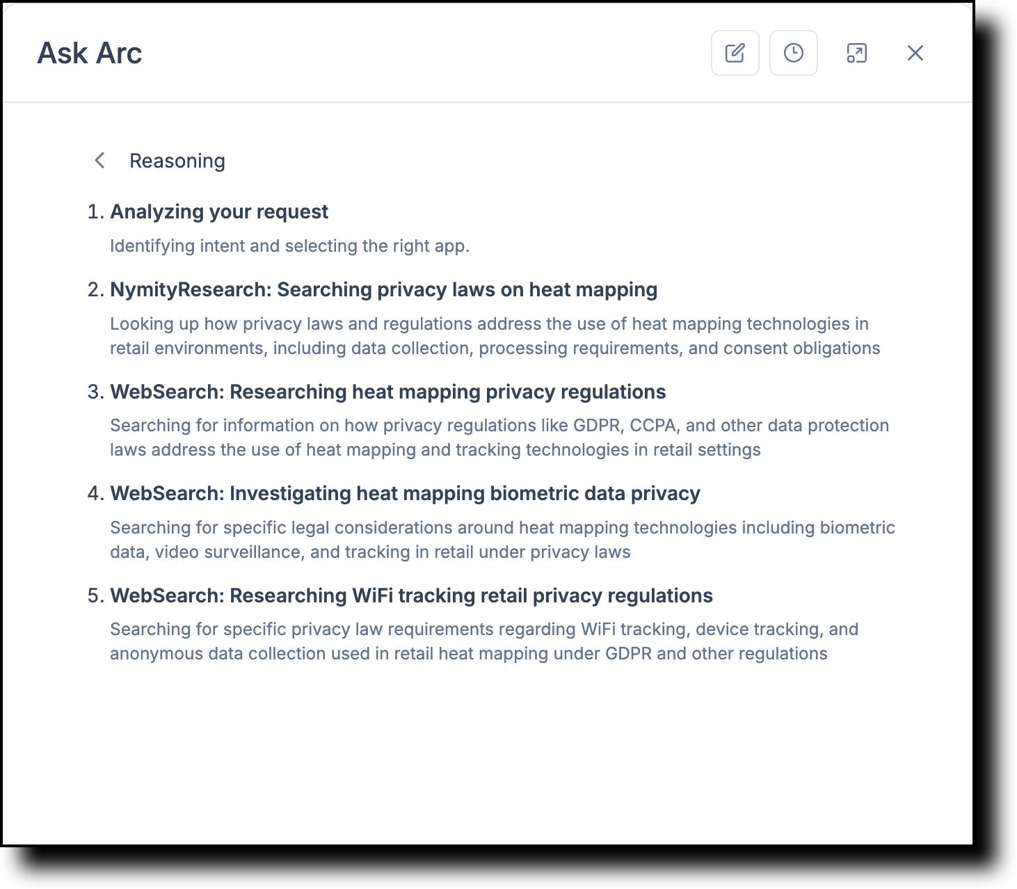 Ask Arc reasoning panel showing the step-by-step reasoning for the heat mapping query