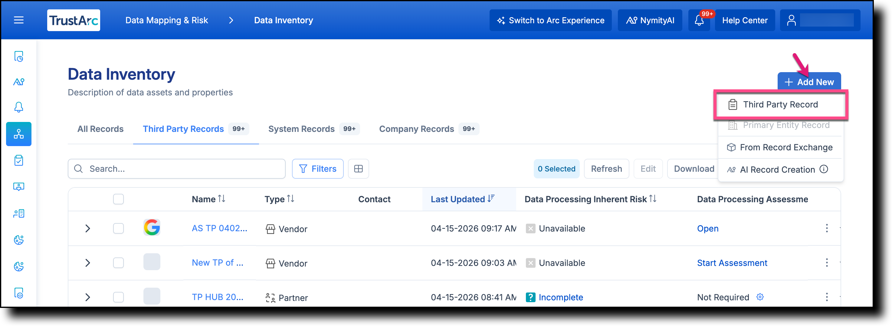 Data Inventory Third Party Records page with Add New dropdown showing Third Party Record option