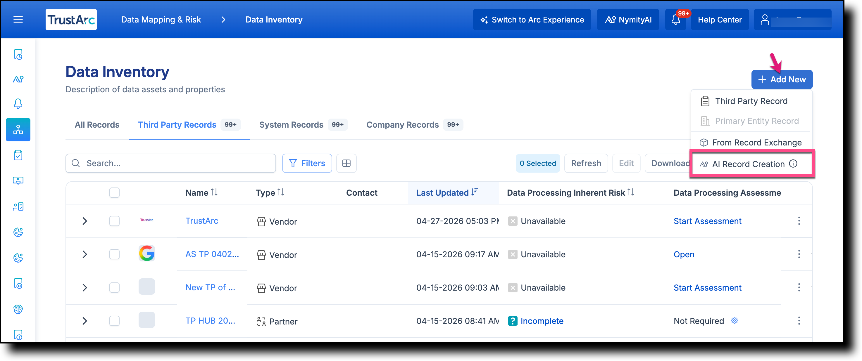 Third Party Records page with the Add New dropdown open showing the AI Record Creation option