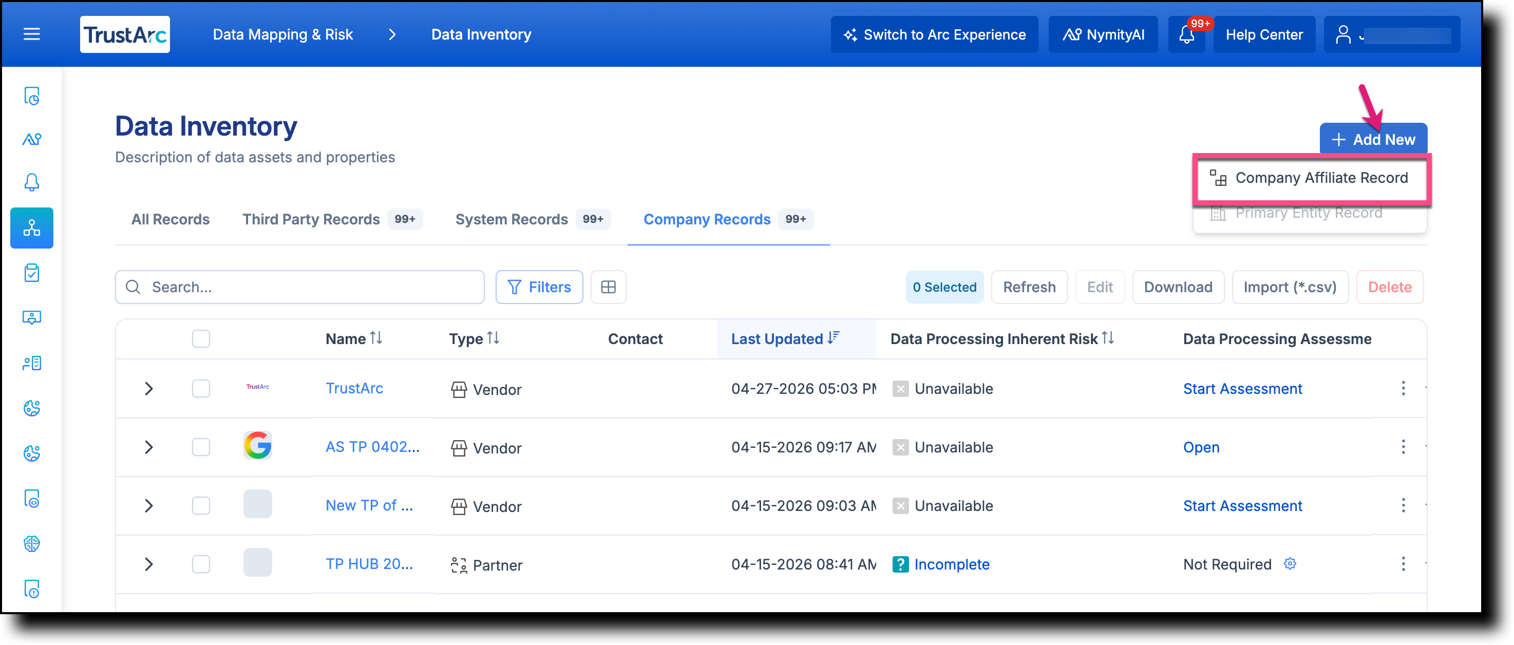 Add New menu with Company Affiliate Record option highlighted