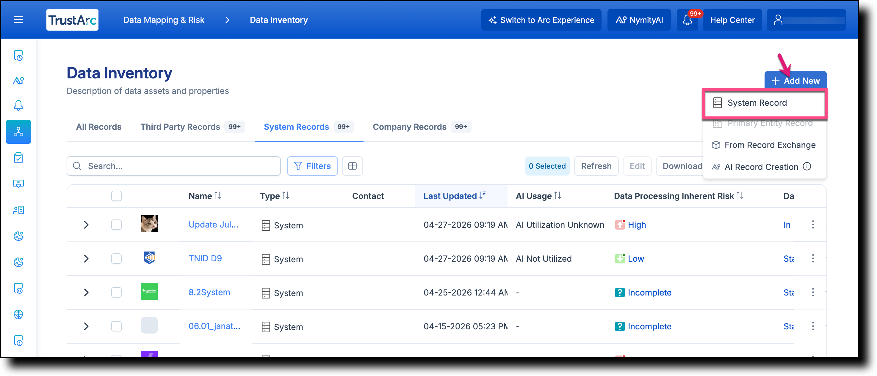 Add New menu with System Record option highlighted