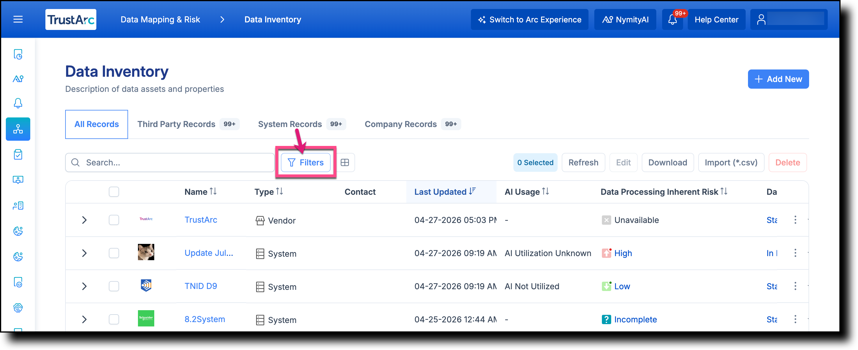Data Inventory page with the Filters button highlighted