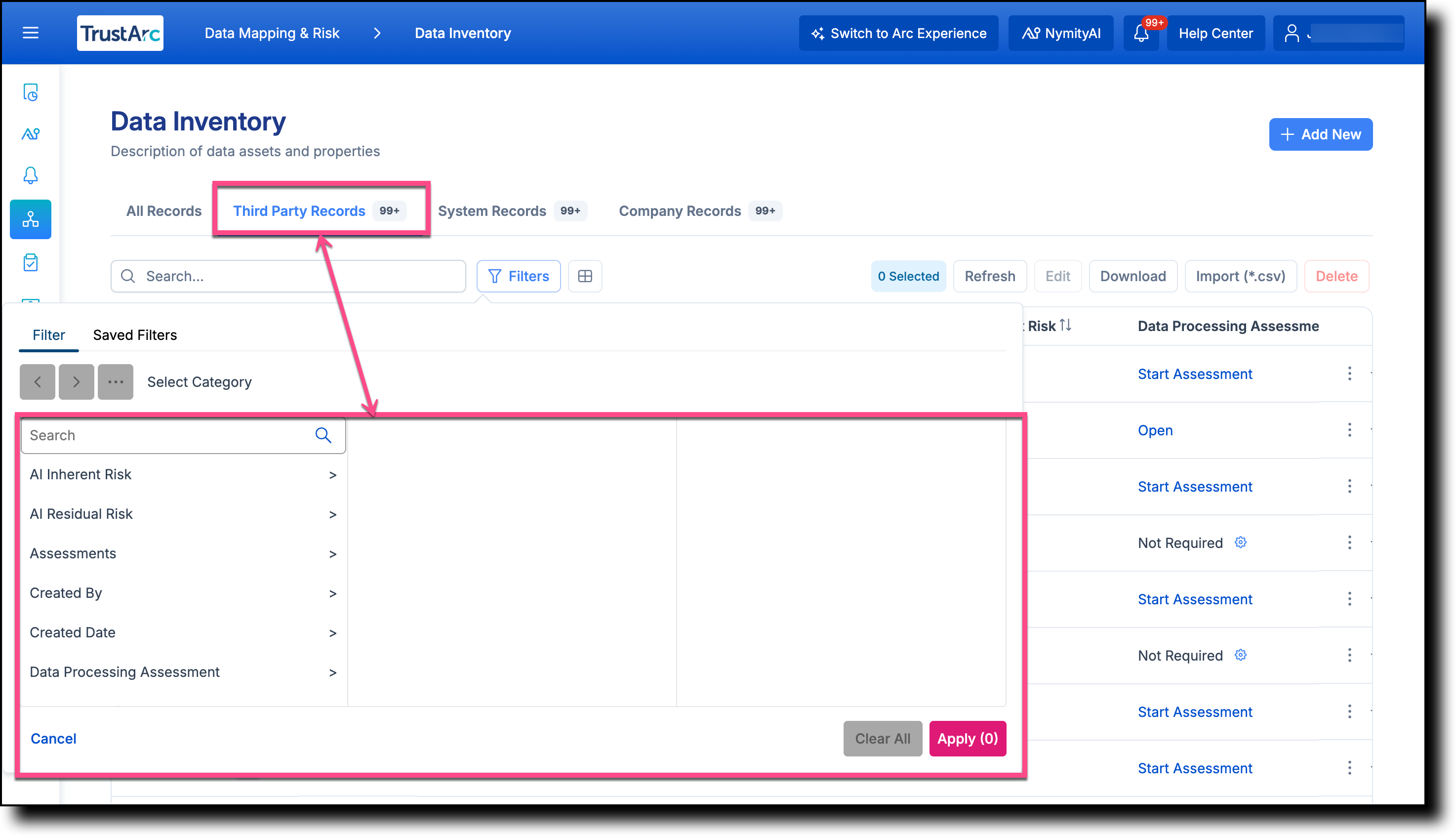 Third Party Records tab showing tab-specific filters in the filter panel