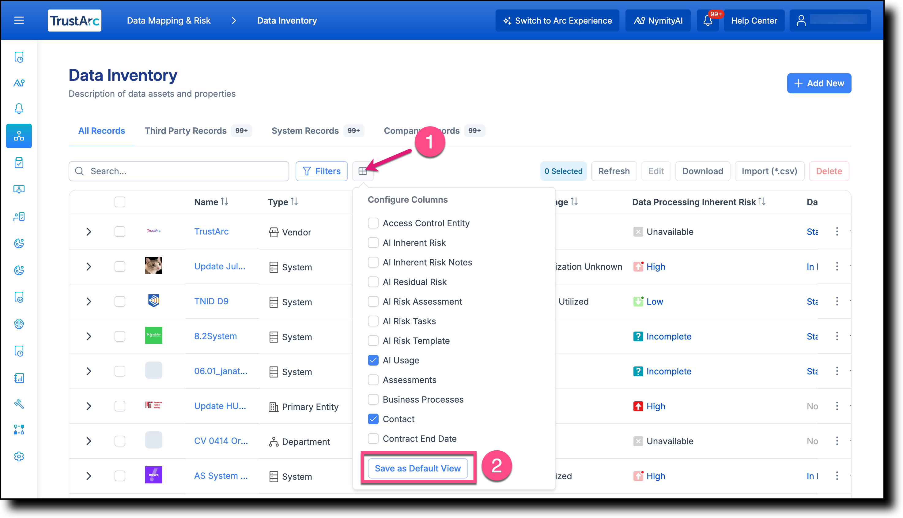 Data Inventory page showing the Configure Columns button and Save as Default View option