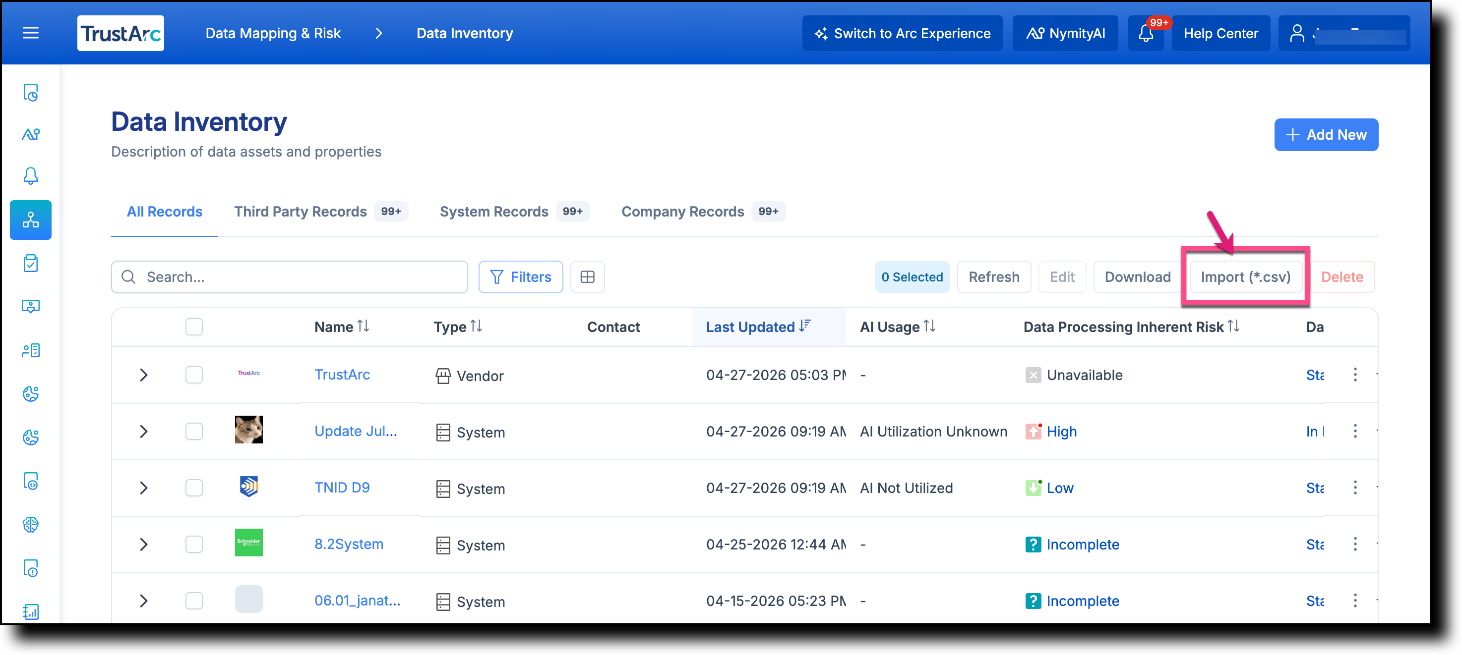 Data Inventory All Records tab with Import CSV button highlighted