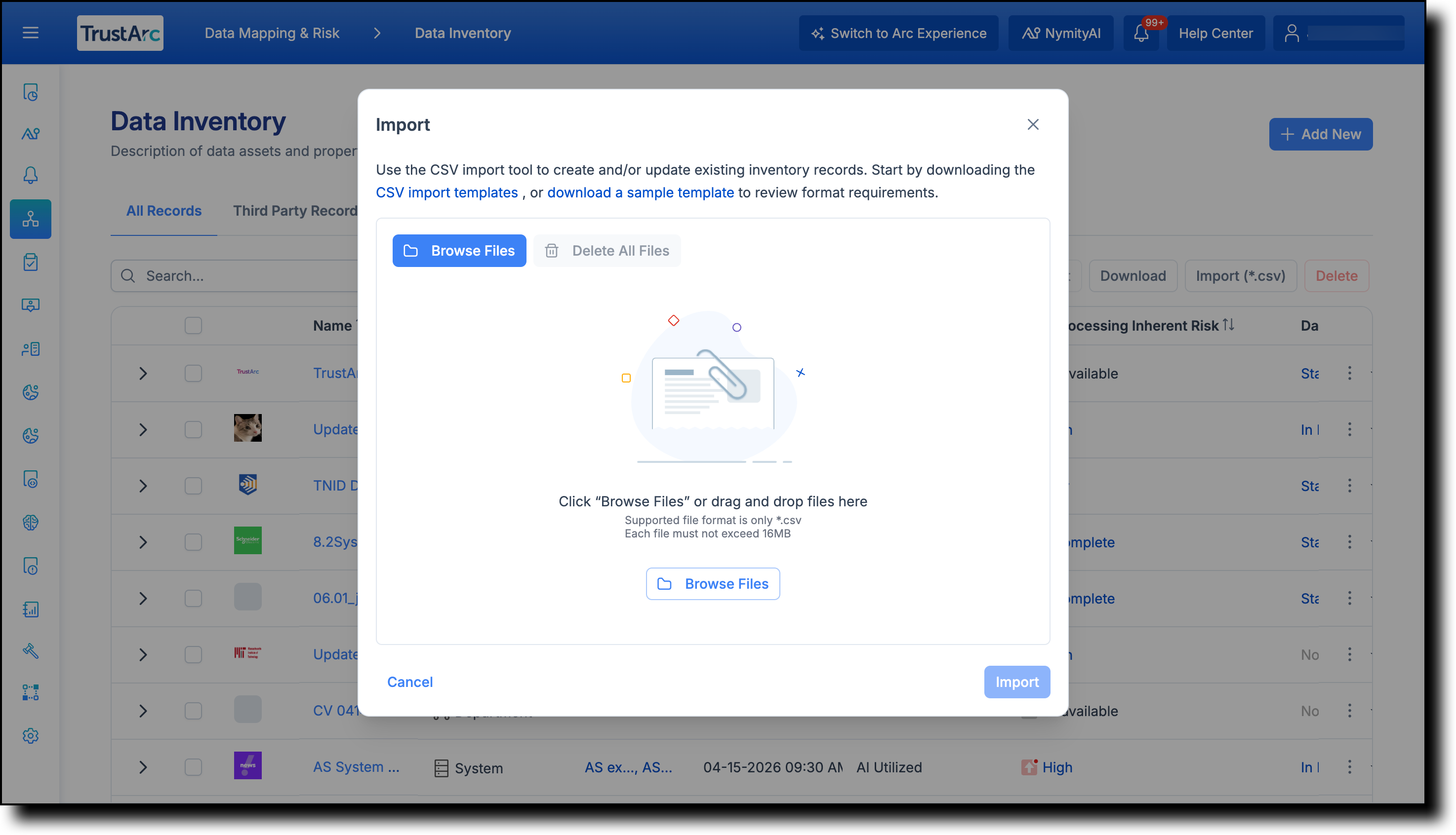Import modal showing template download options