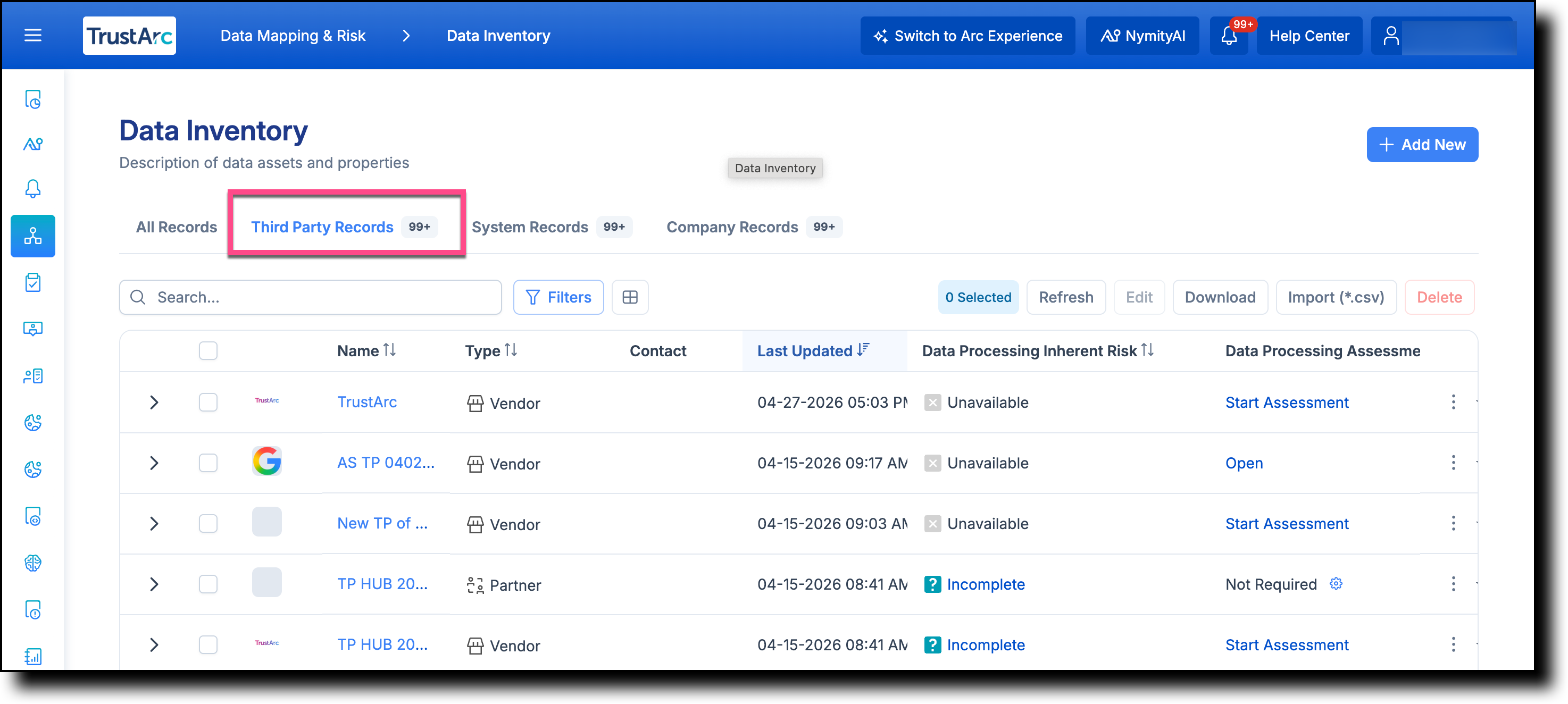 Data Inventory page with Third Party Records tab selected