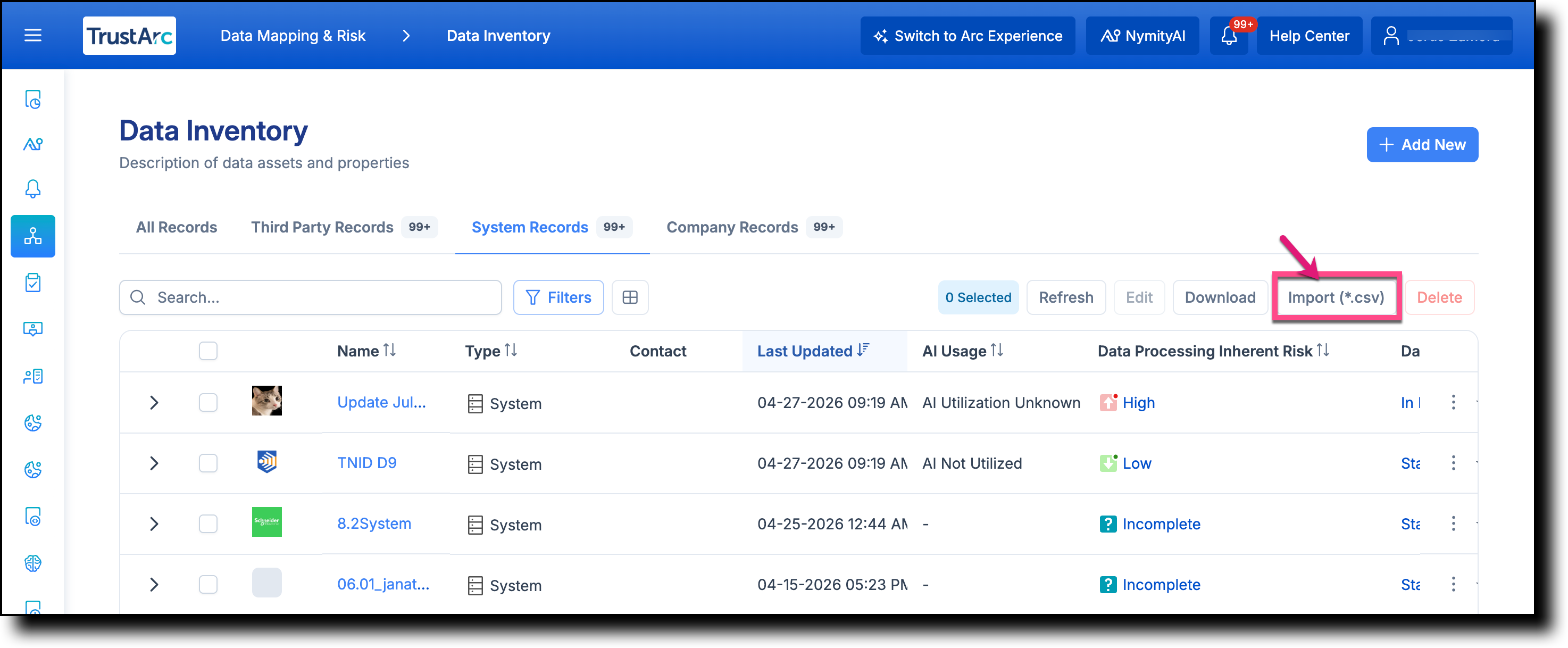System Records tab with Import CSV button highlighted
