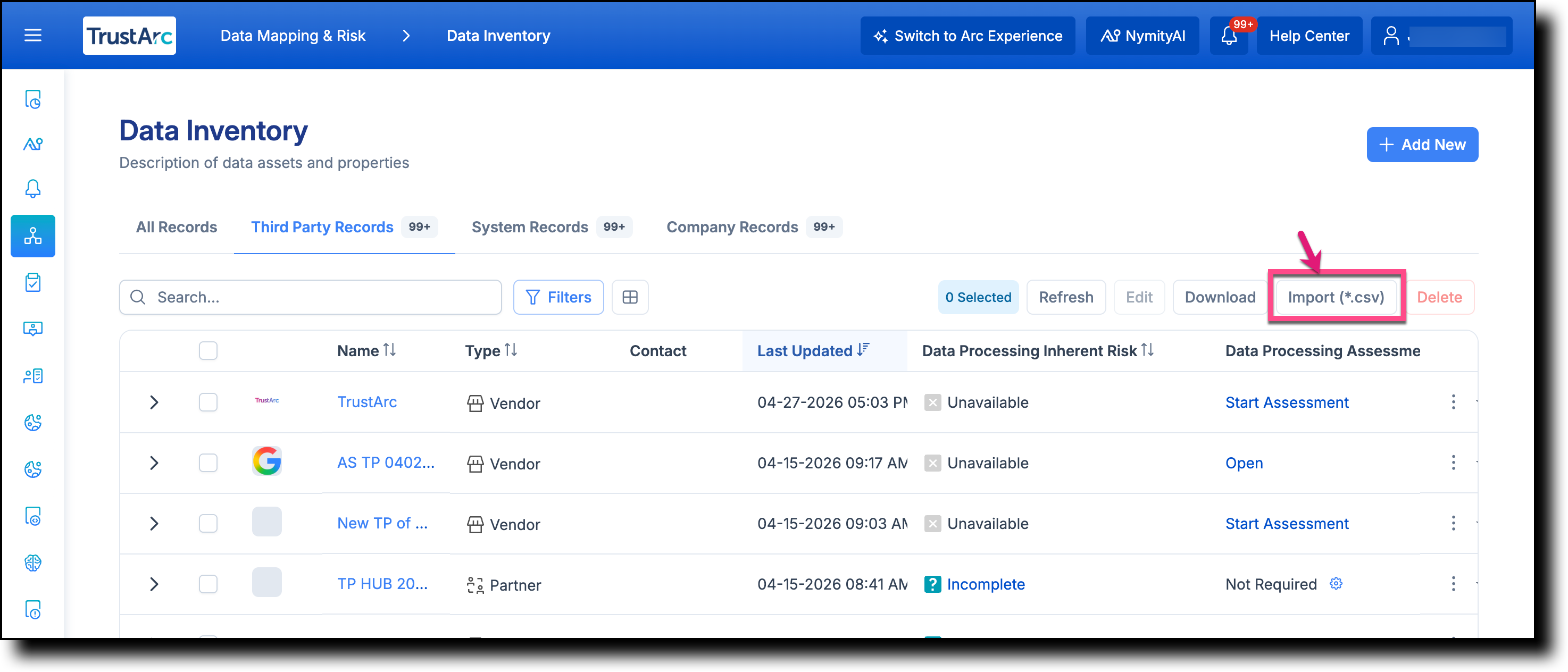 Third Party Records tab with Import CSV button highlighted