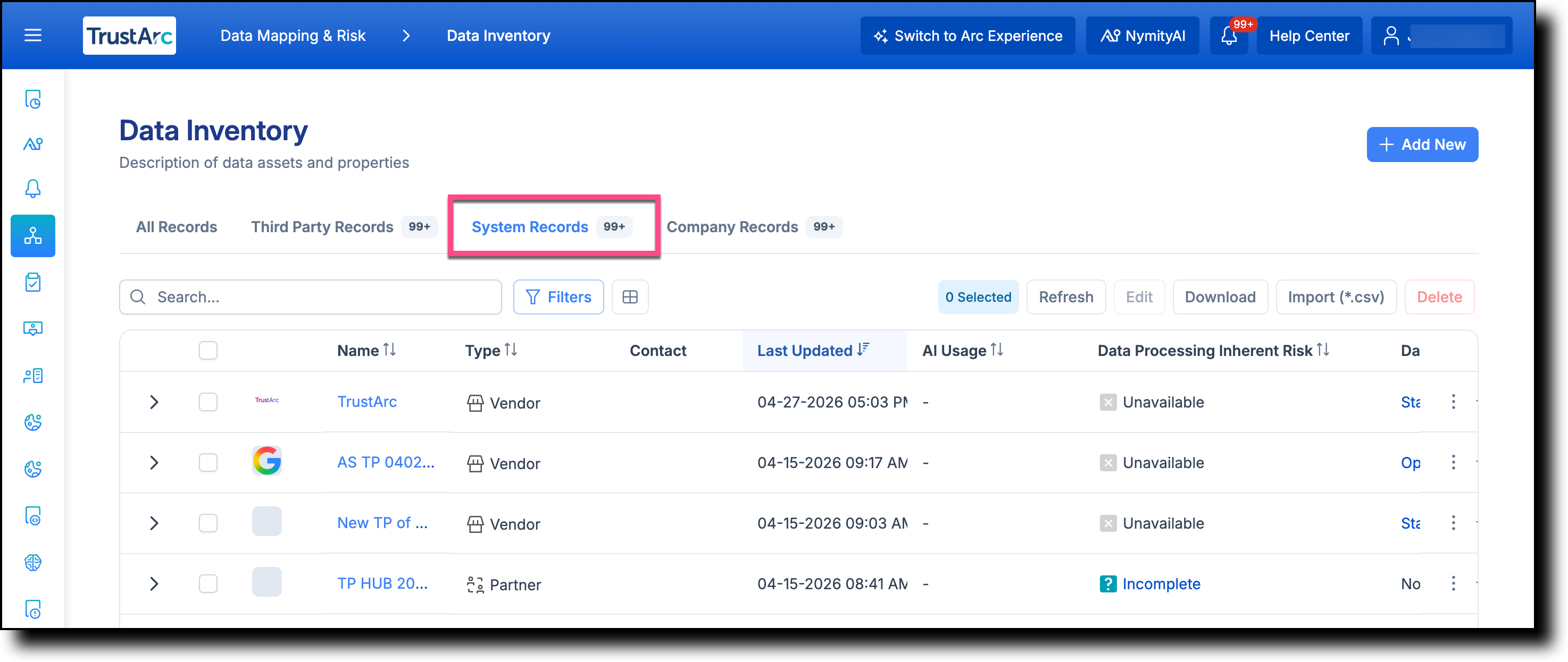 Data Inventory page with System Records tab selected