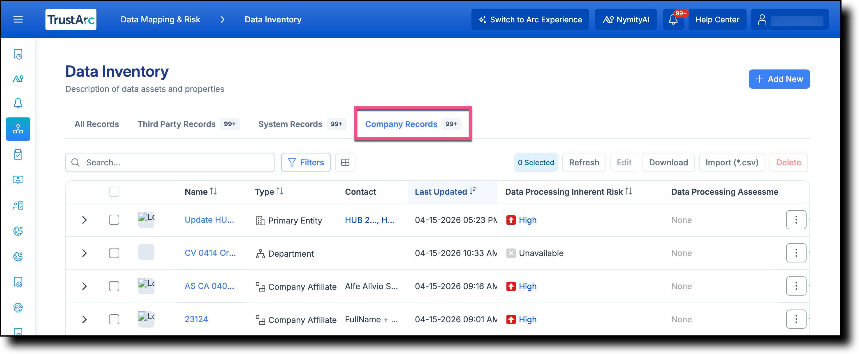 Data Inventory page with Company Records tab selected