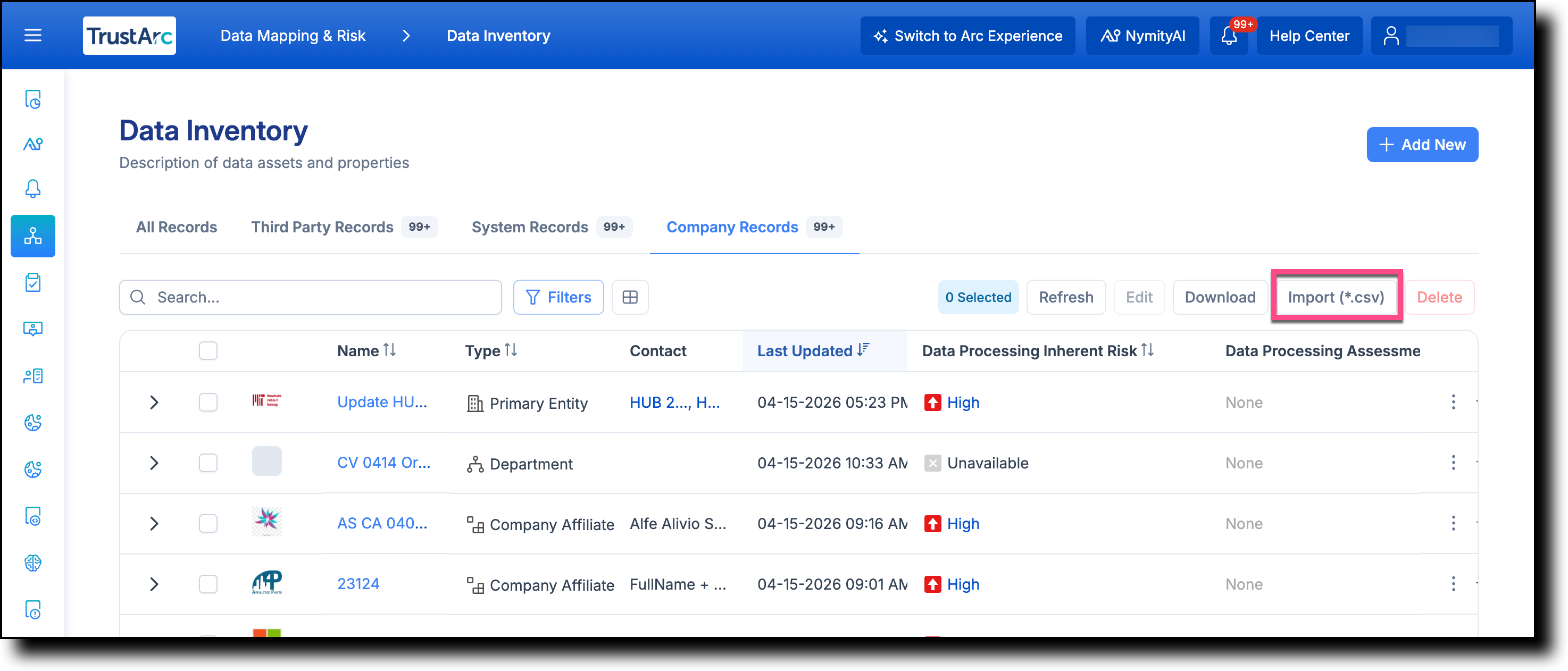Company Records tab with Import CSV button highlighted