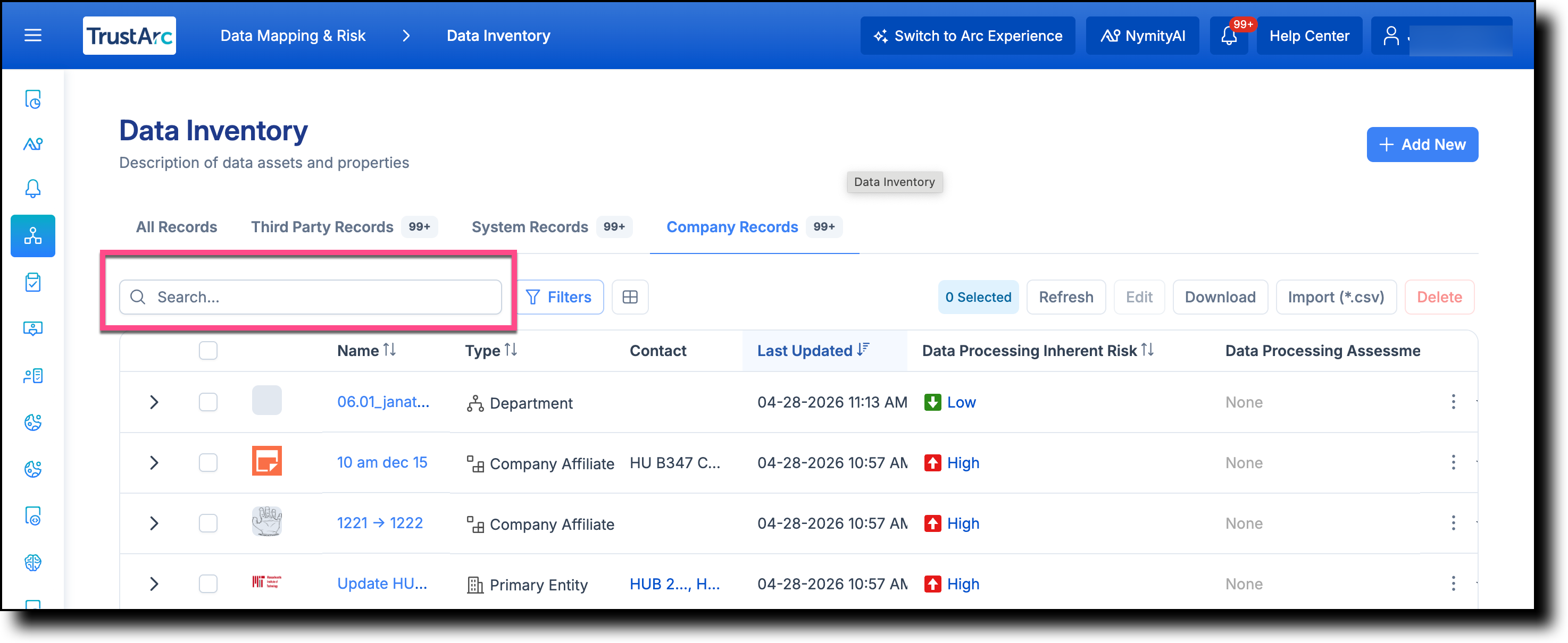 Data Inventory page with Search field highlighted